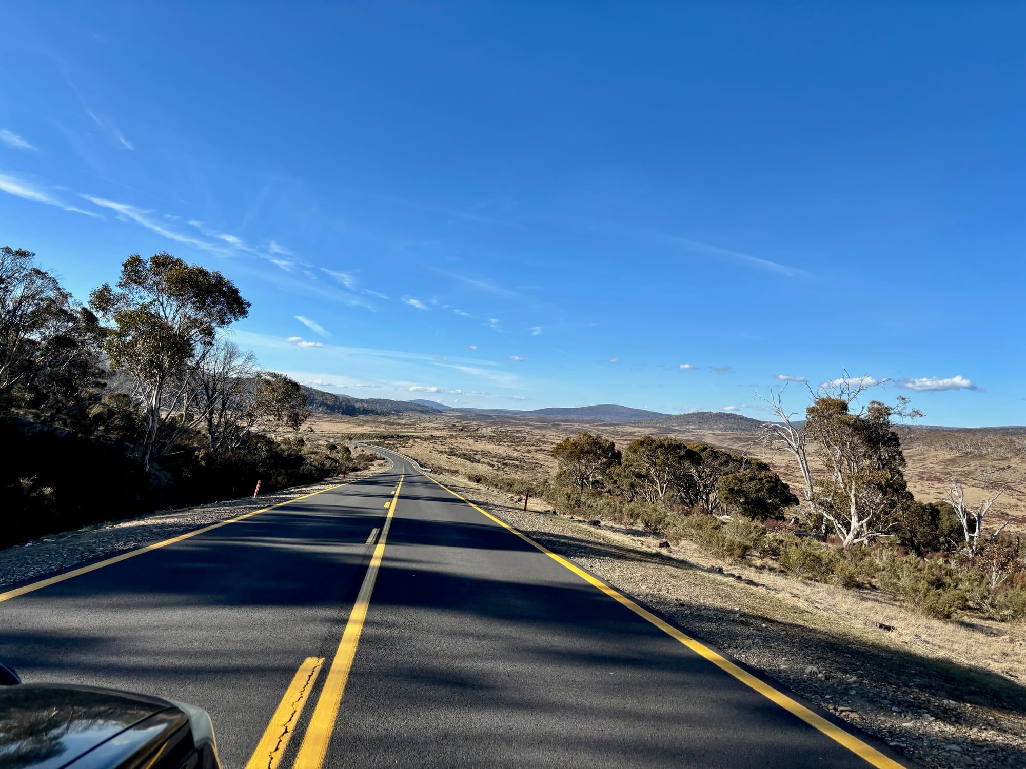 An empty road with yellow lines running across open high plains under a blue sky, seen from our 4WD