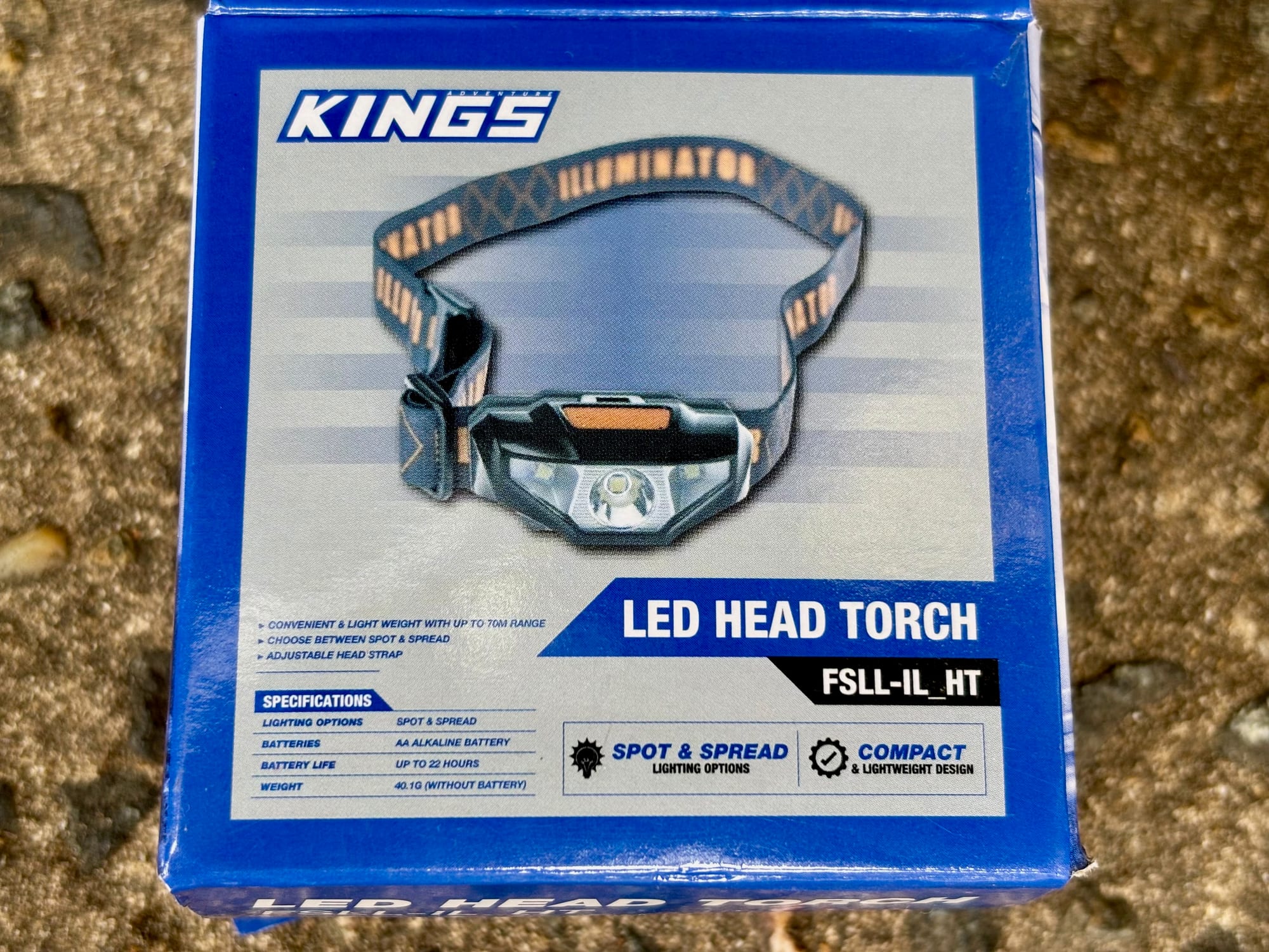 The Kings LED Head Torch box with the specifications