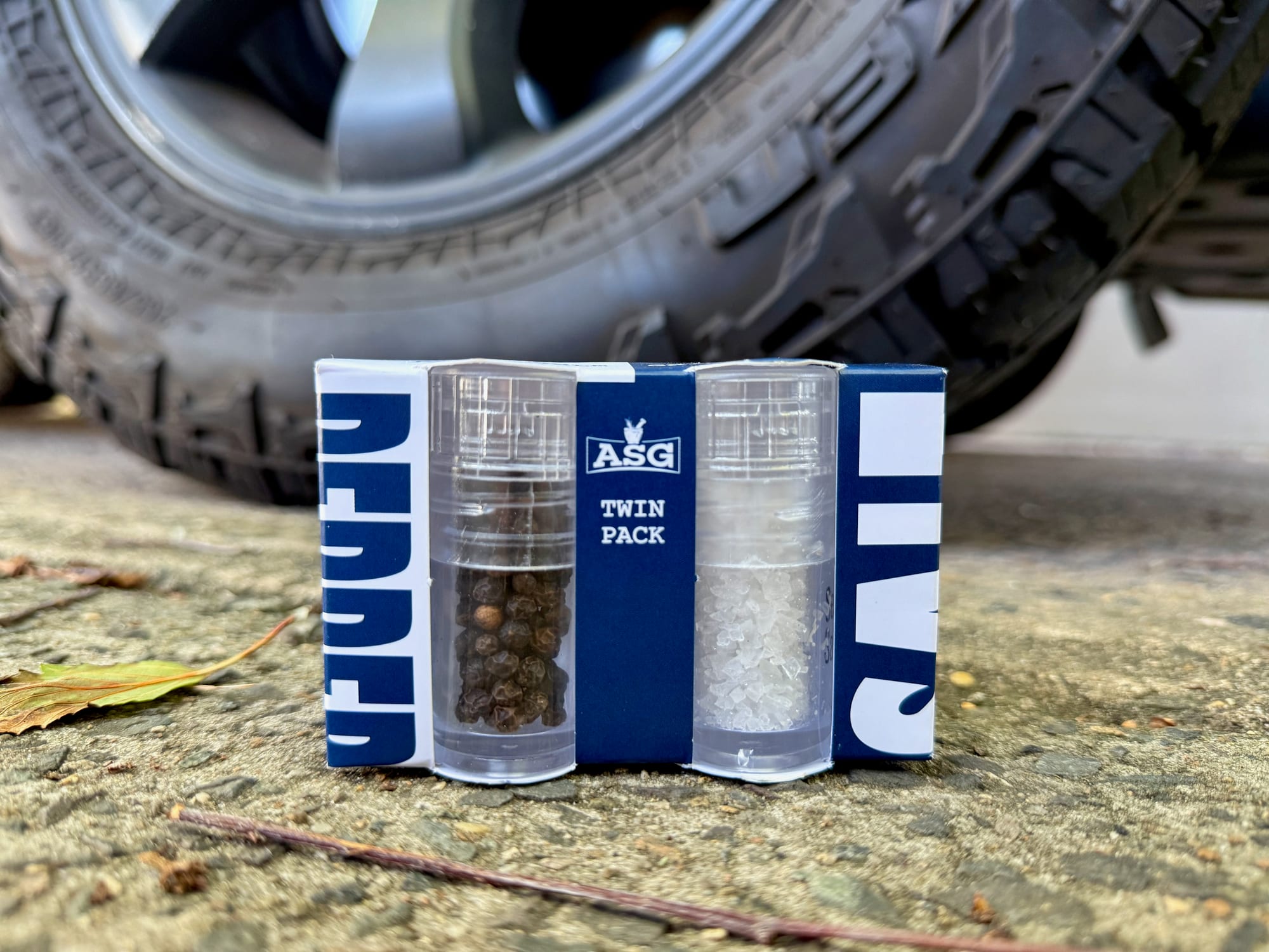The AGS mini salt and pepper grinders in their blue twin-pack box