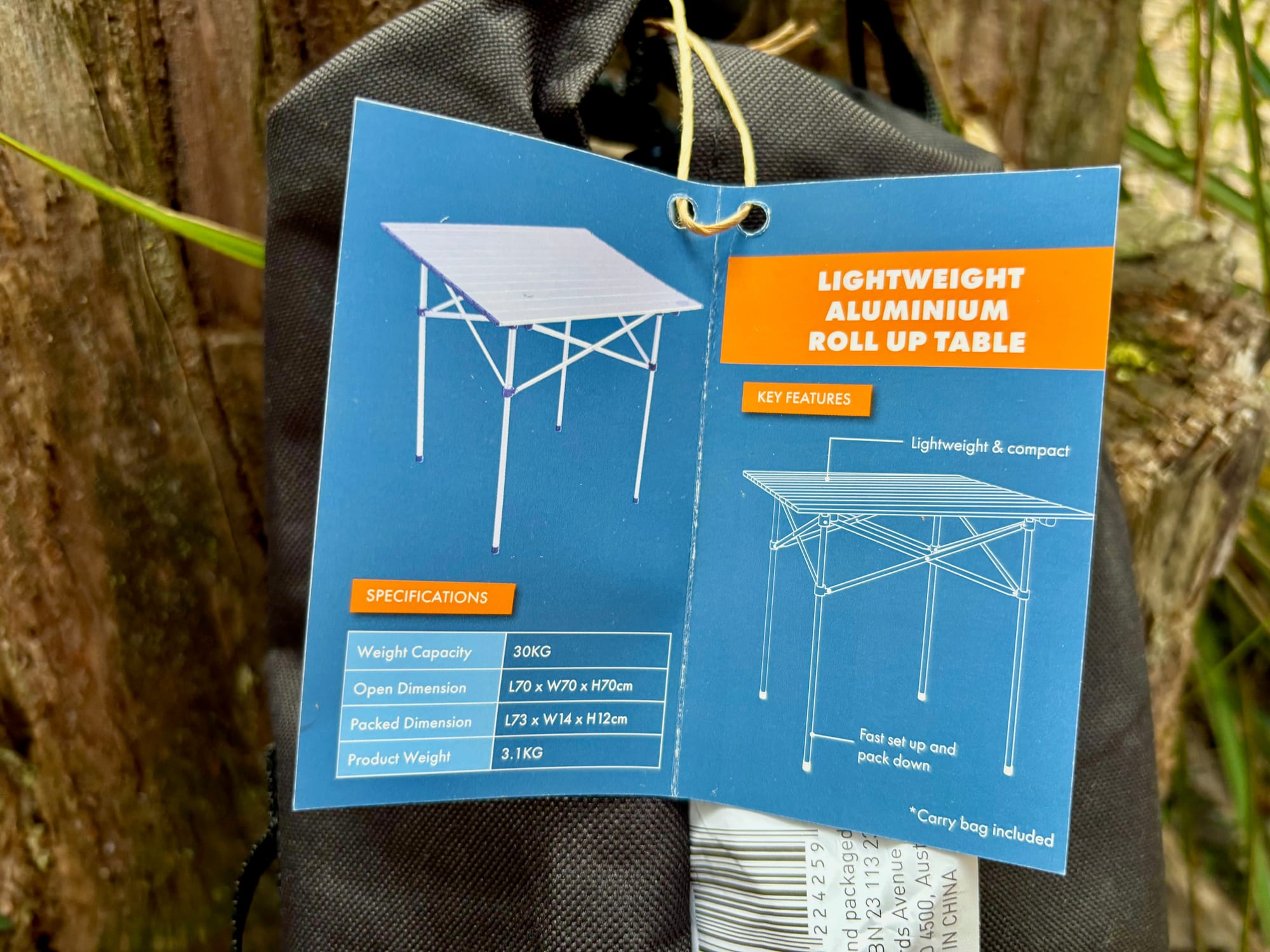 The swing tag of the BCF roll up table with its specifications