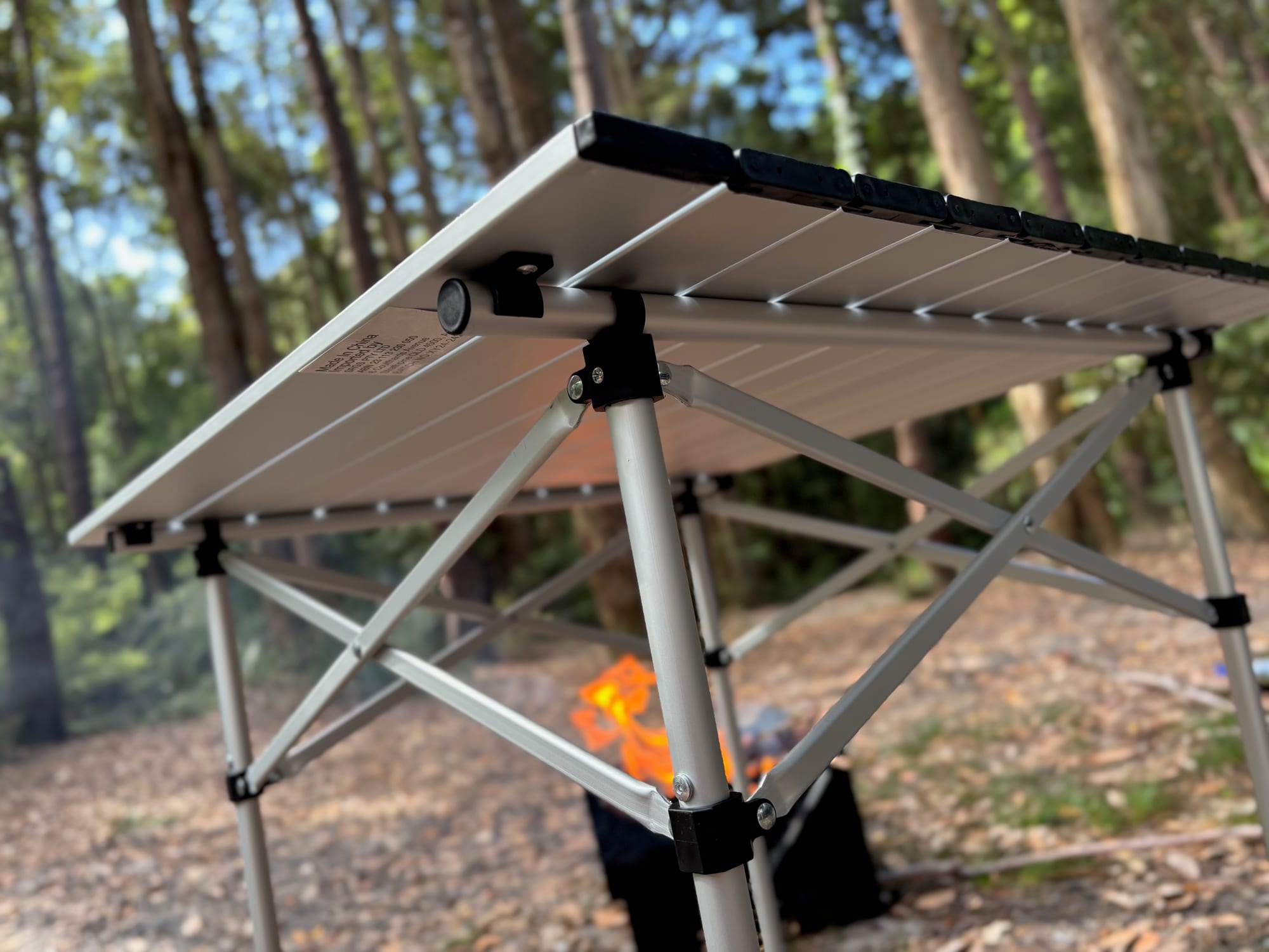 The cross-braced aluminium frame under the BCF roll up table