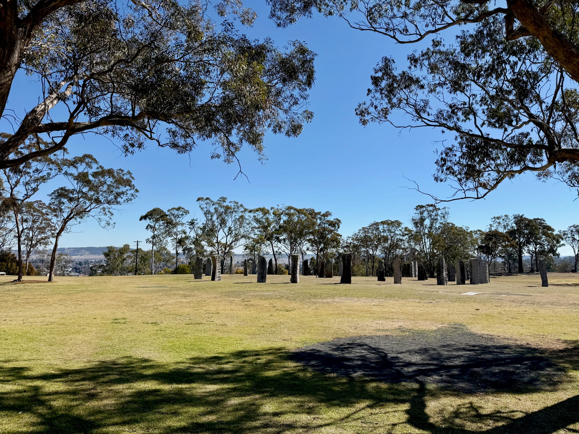 The Australian Standing Stones in a circle on a grassy hill at Glen Innes, framed by gum trees