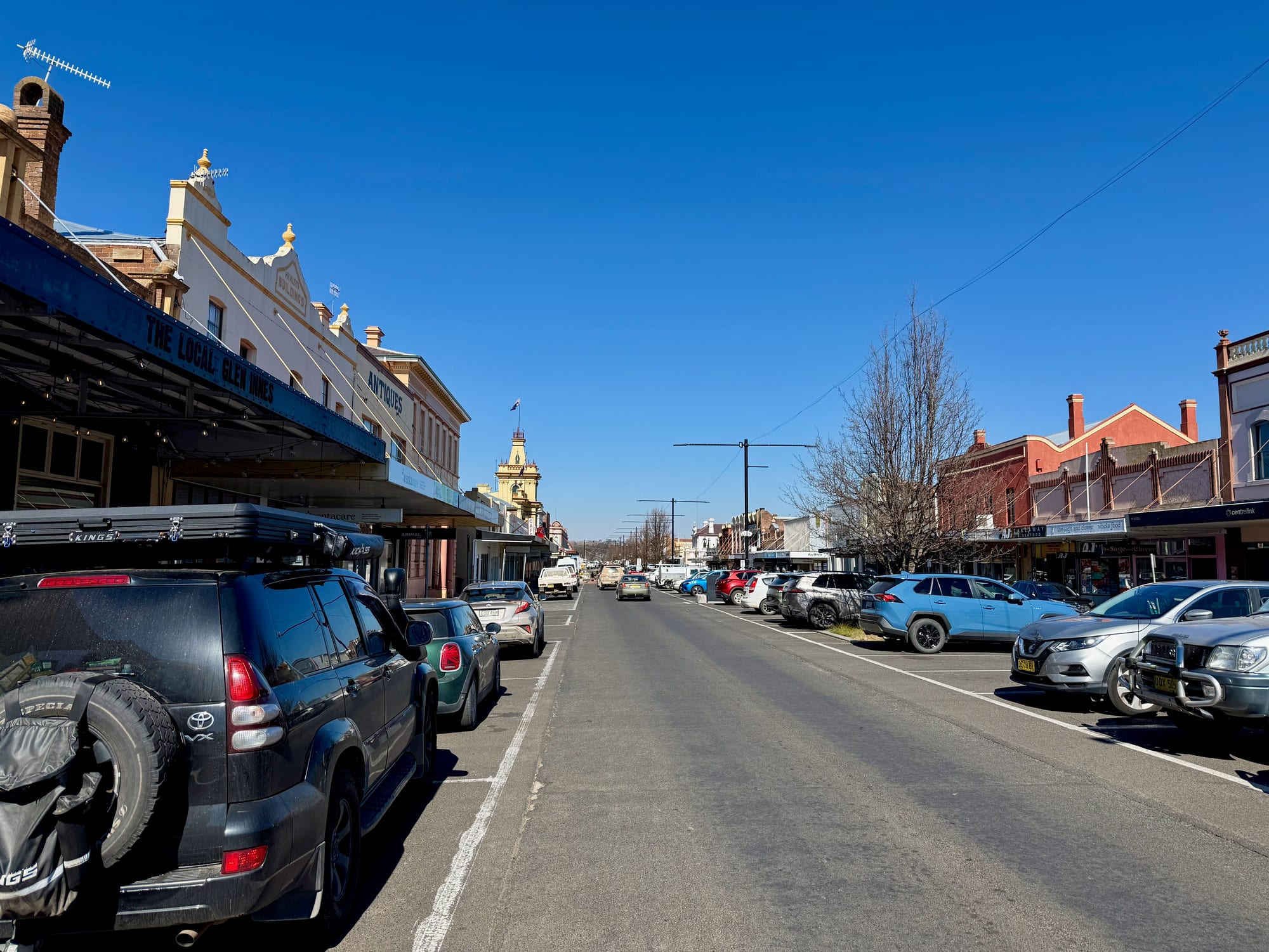 The main street of Glen Innes with historic buildings, and our Prado parked on the left