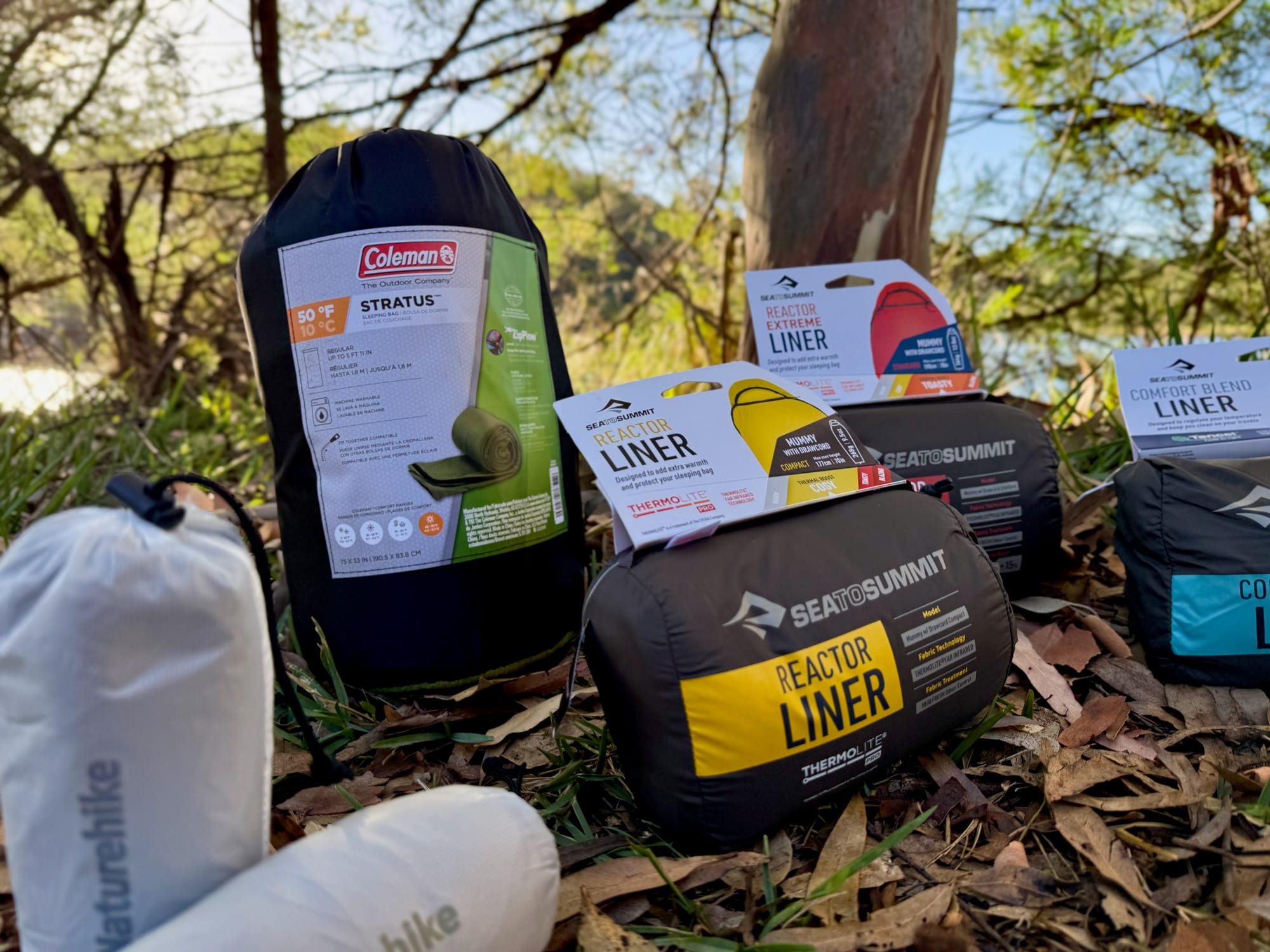 Six sleeping bag liners in their stuff sacks on the ground under the trees, with water behind