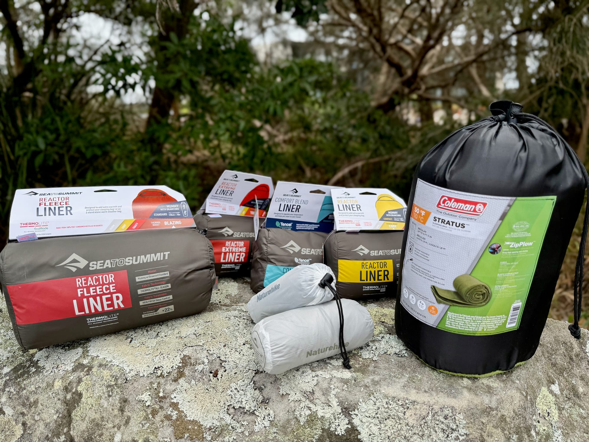Six sleeping bag liners in their stuff sacks on a rock: four Sea to Summit liners, two Naturehike liners and the Coleman Stratus