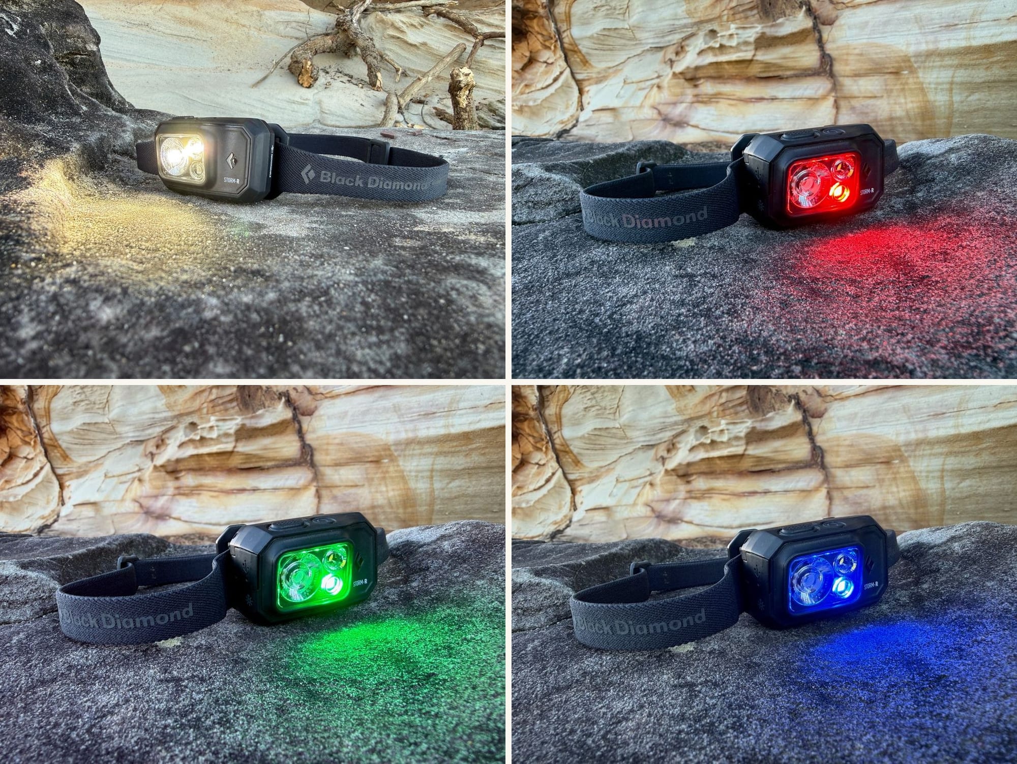 The Storm 500-R with white, red, green and blue light, in four photos