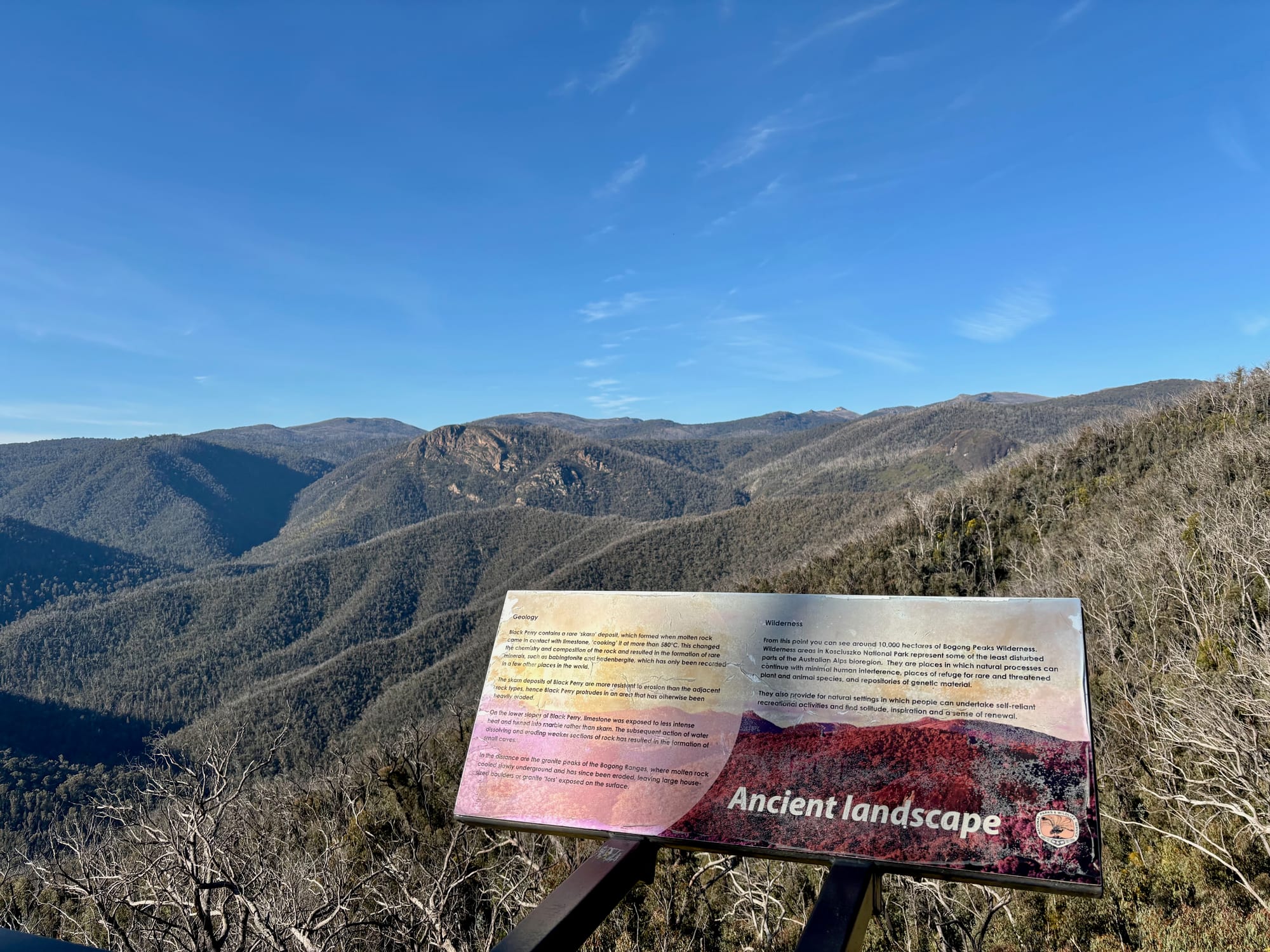 The Ancient landscape sign at Black Perry Lookout, explaining the geology and the wilderness in view