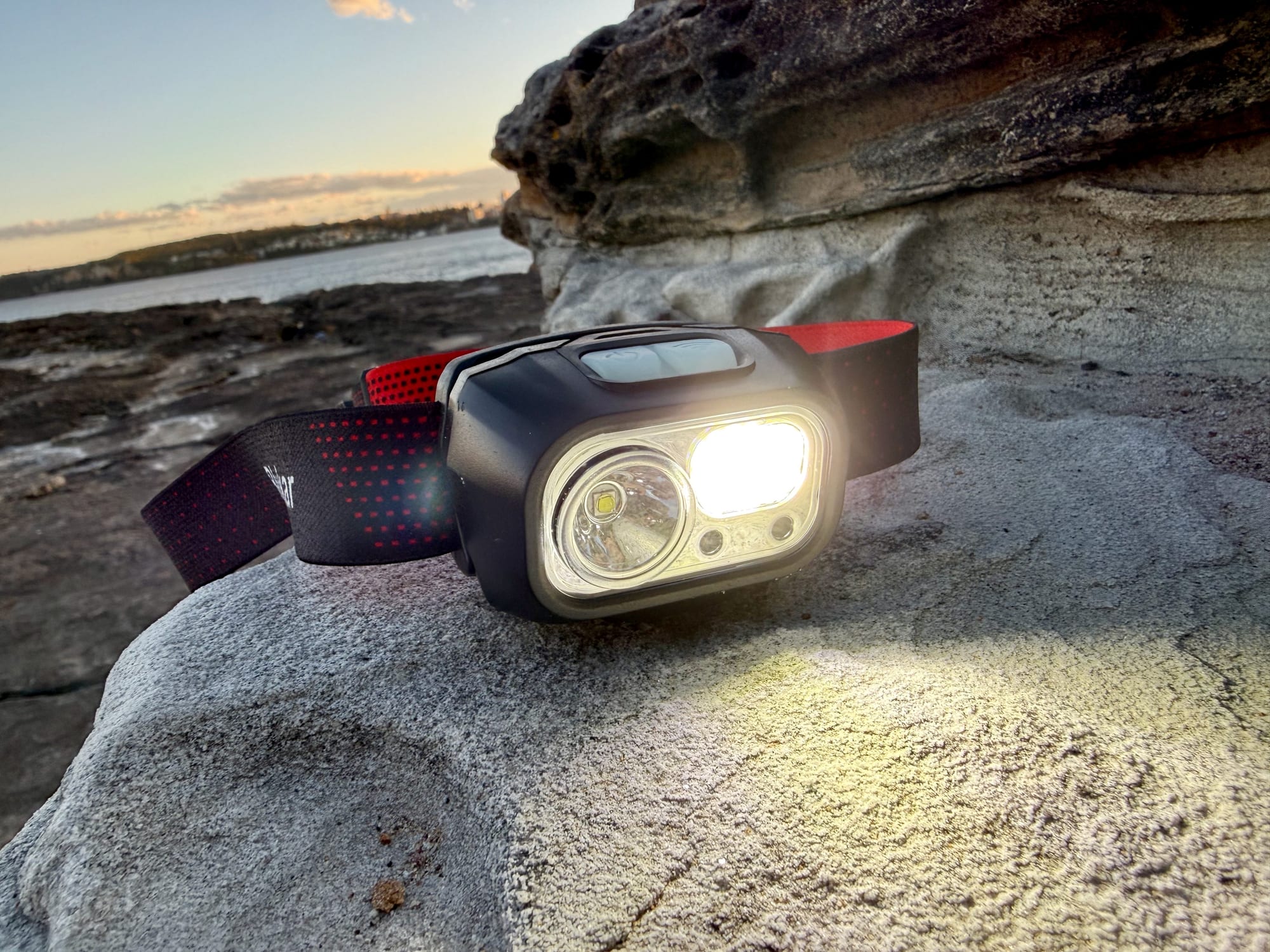 The Blukar K9125 headlamp with its flood light on