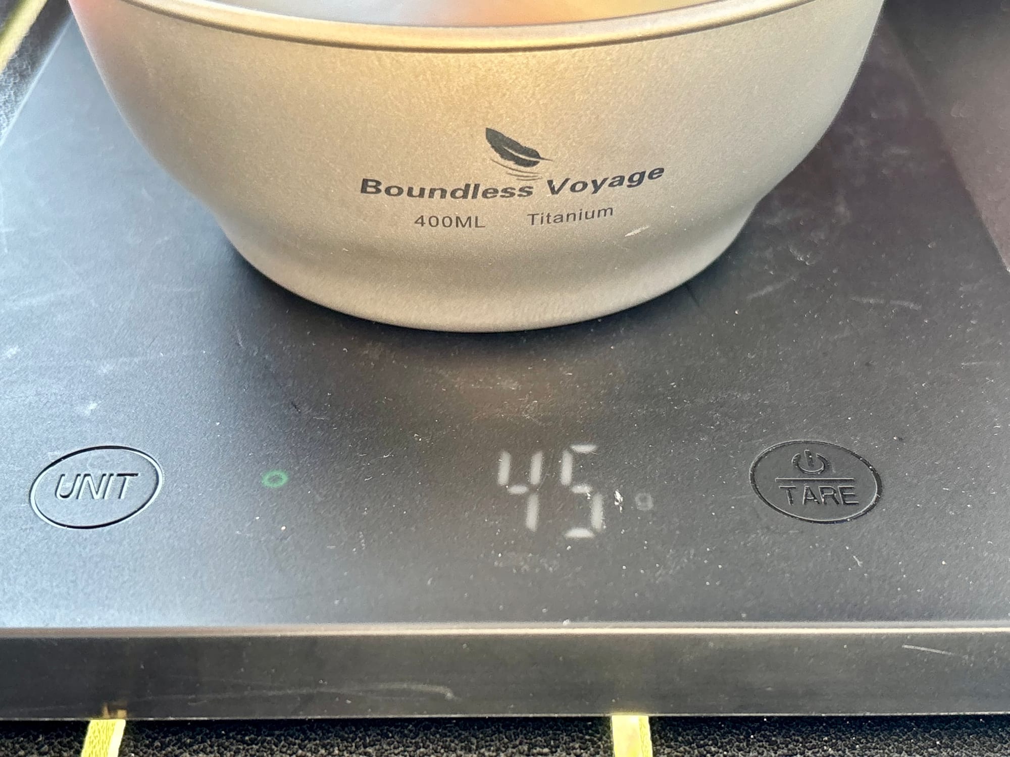 The empty 400 ml titanium bowl on a kitchen scale showing 45 g