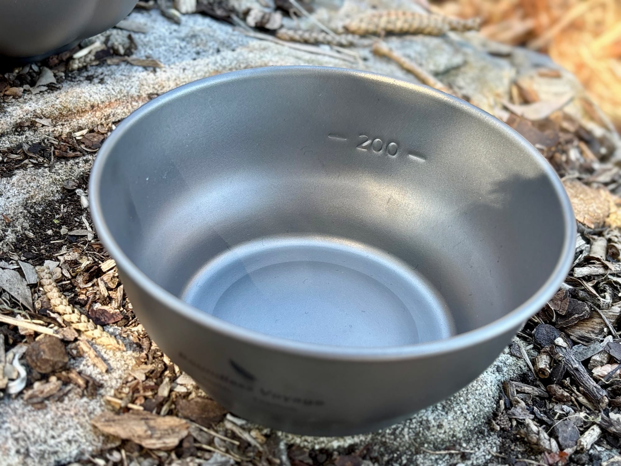 Inside the 400 ml titanium bowl, with the 200 ml measuring mark near the rim