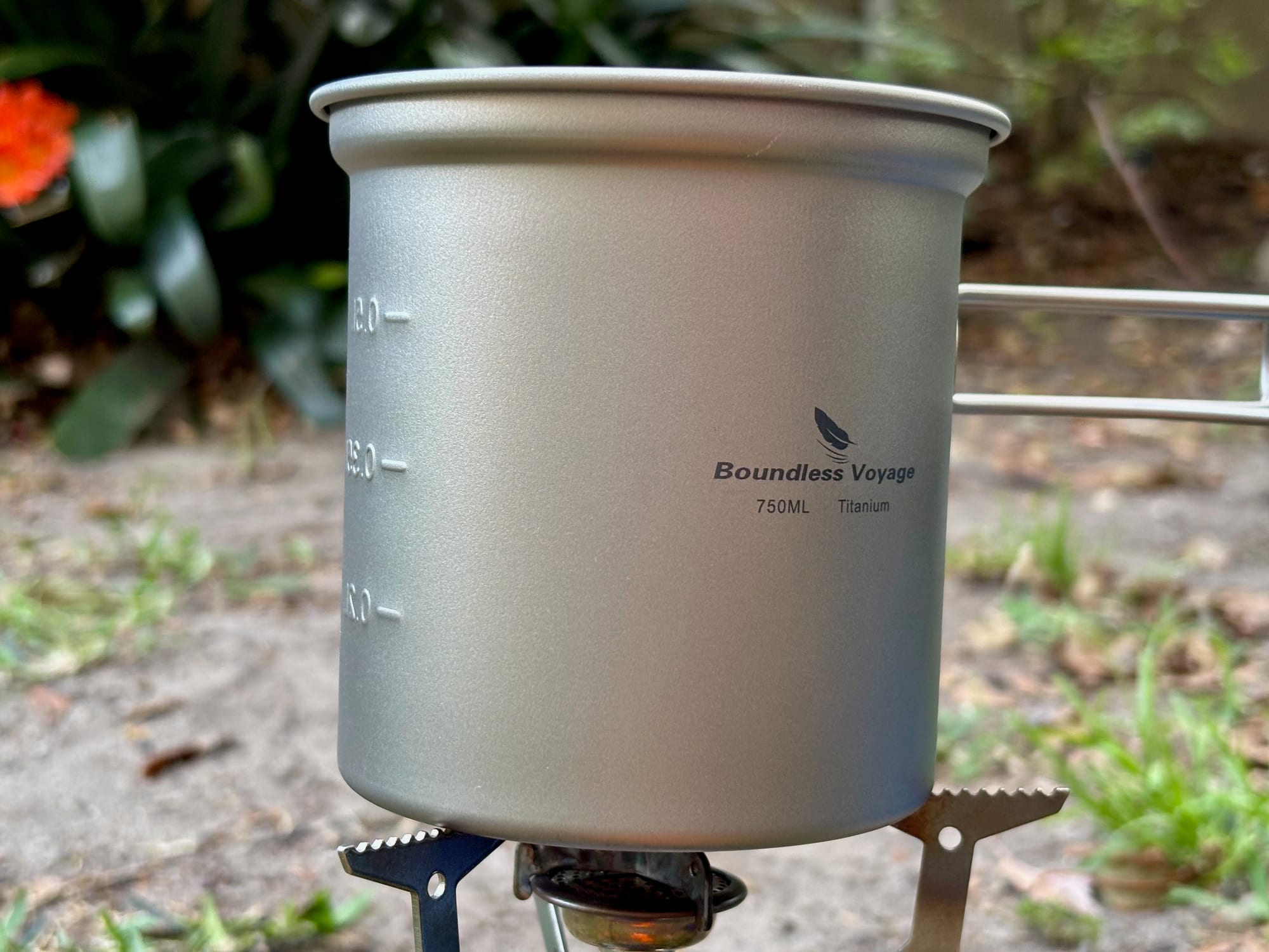The 750 ml titanium pot on a gas canister stove