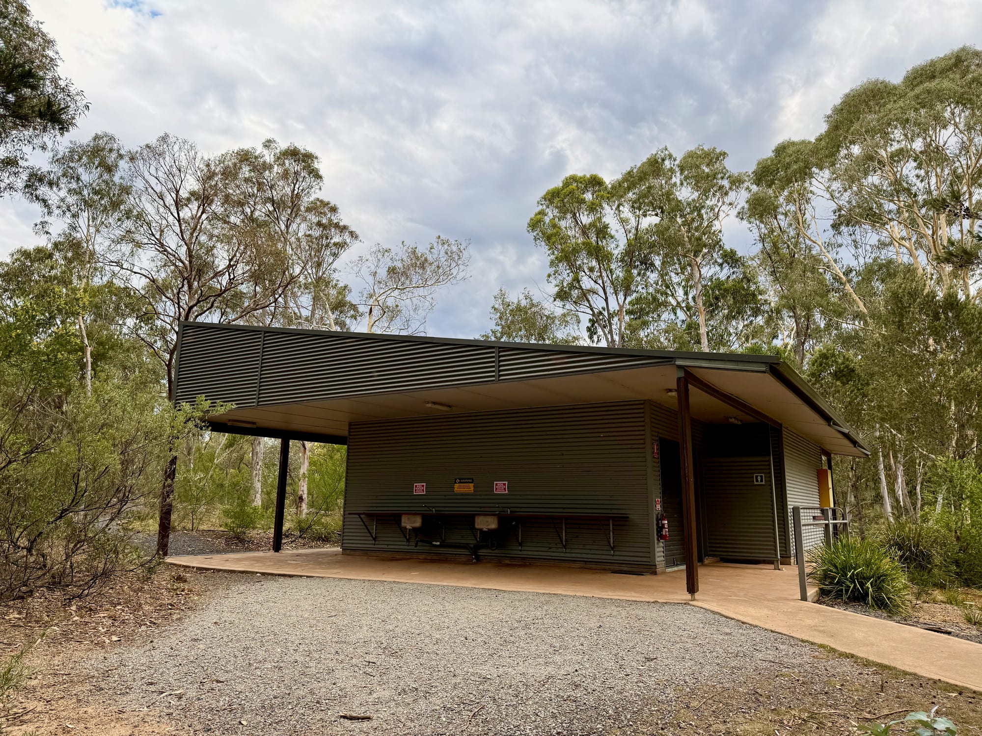 The amenities block at Bungonia Campground with sinks under the roof