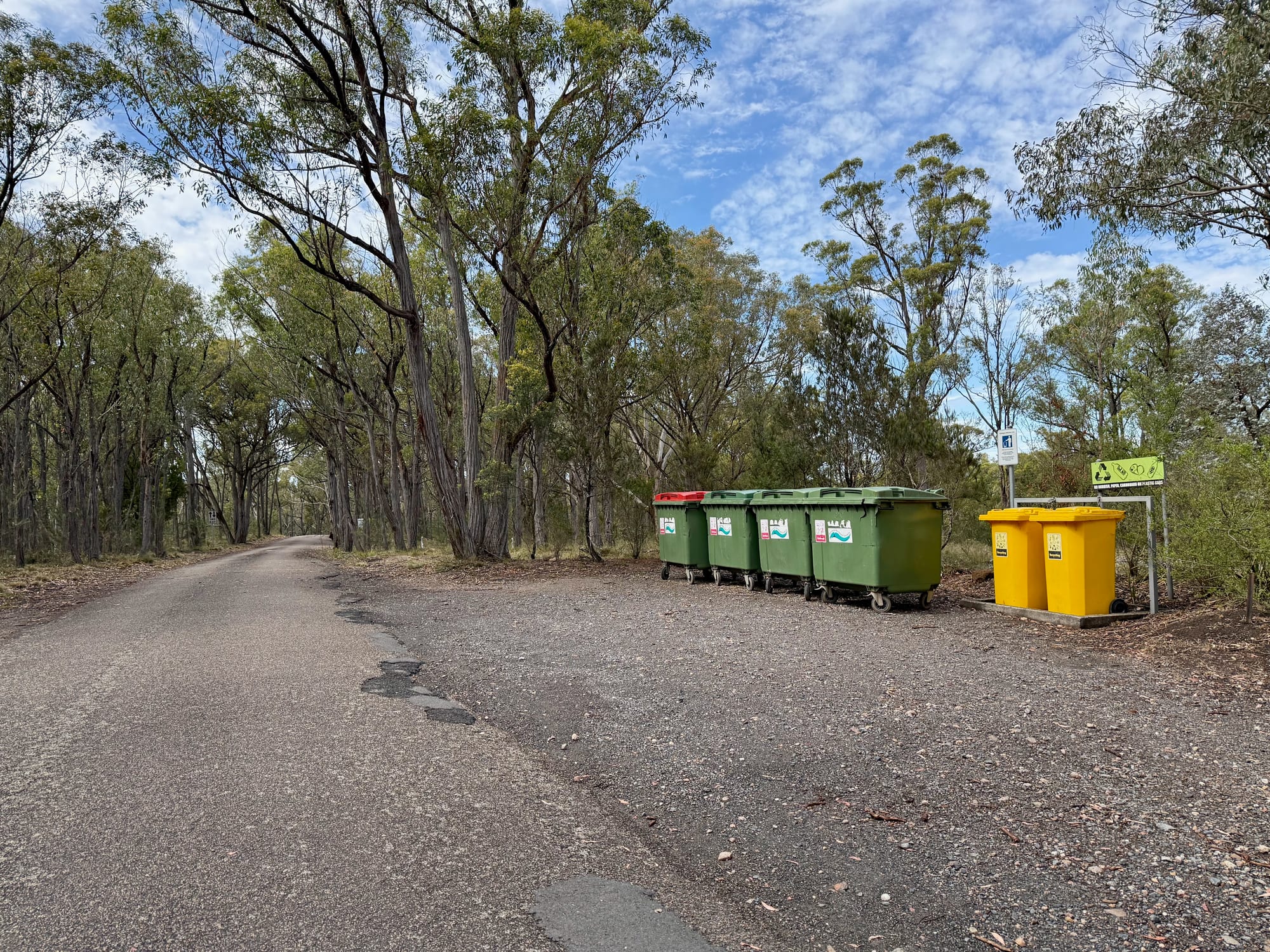 The general waste and recycling bins beside the road on the way out of Bungonia Campground