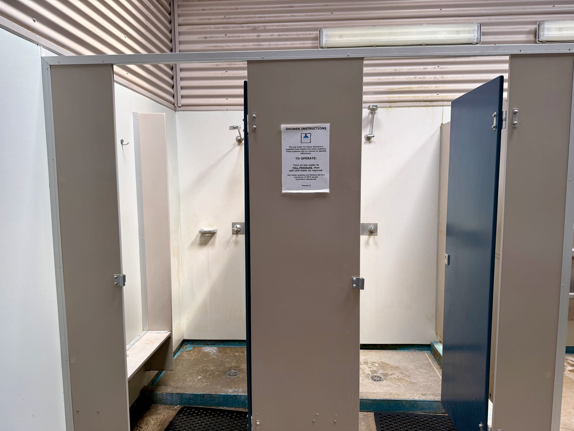 The shower cubicles in the amenities block at Bungonia Campground