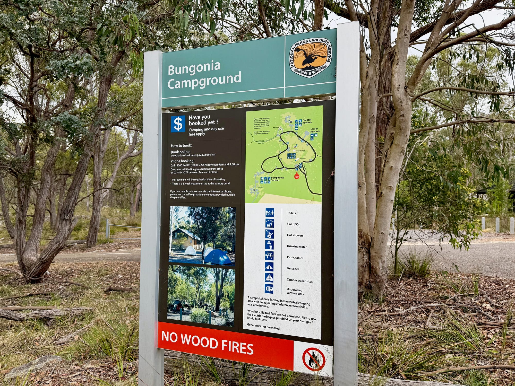 The Bungonia Campground sign with booking information, a map of the camping areas and the facilities