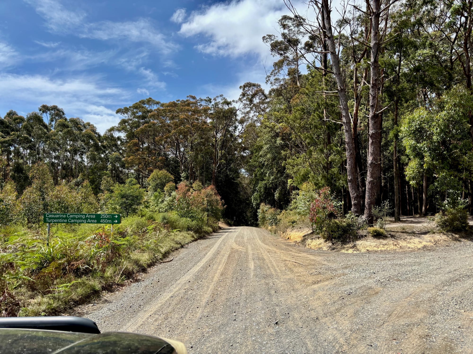 The turn-off to Casuarina and Turpentine camping areas from the gravel forest road