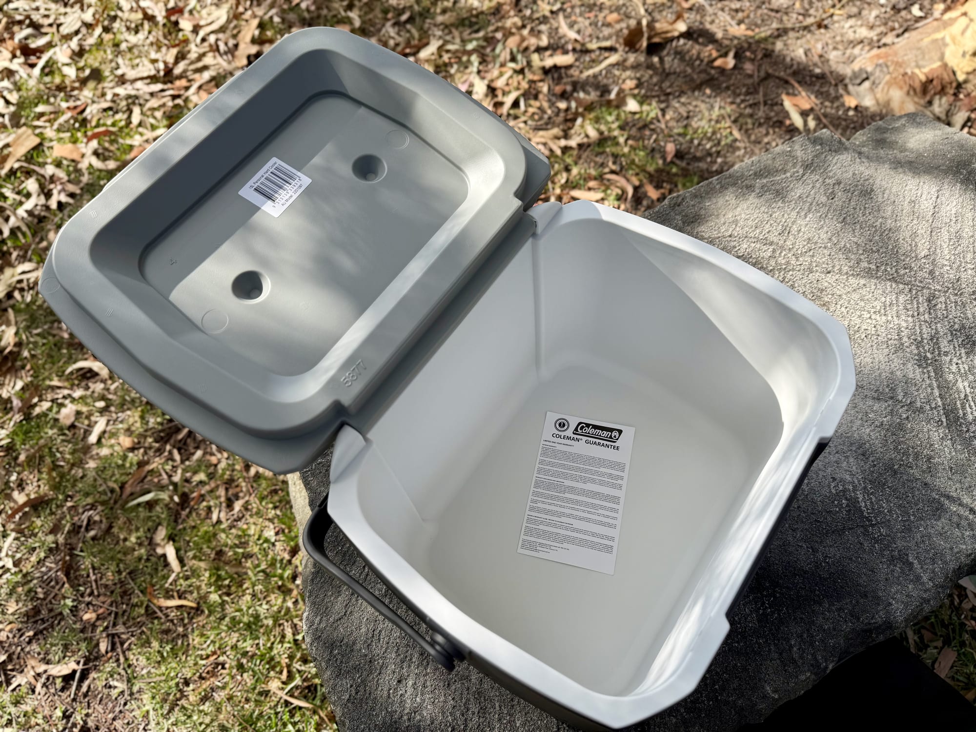 The Coleman 15L hard cooler with its hinged lid open