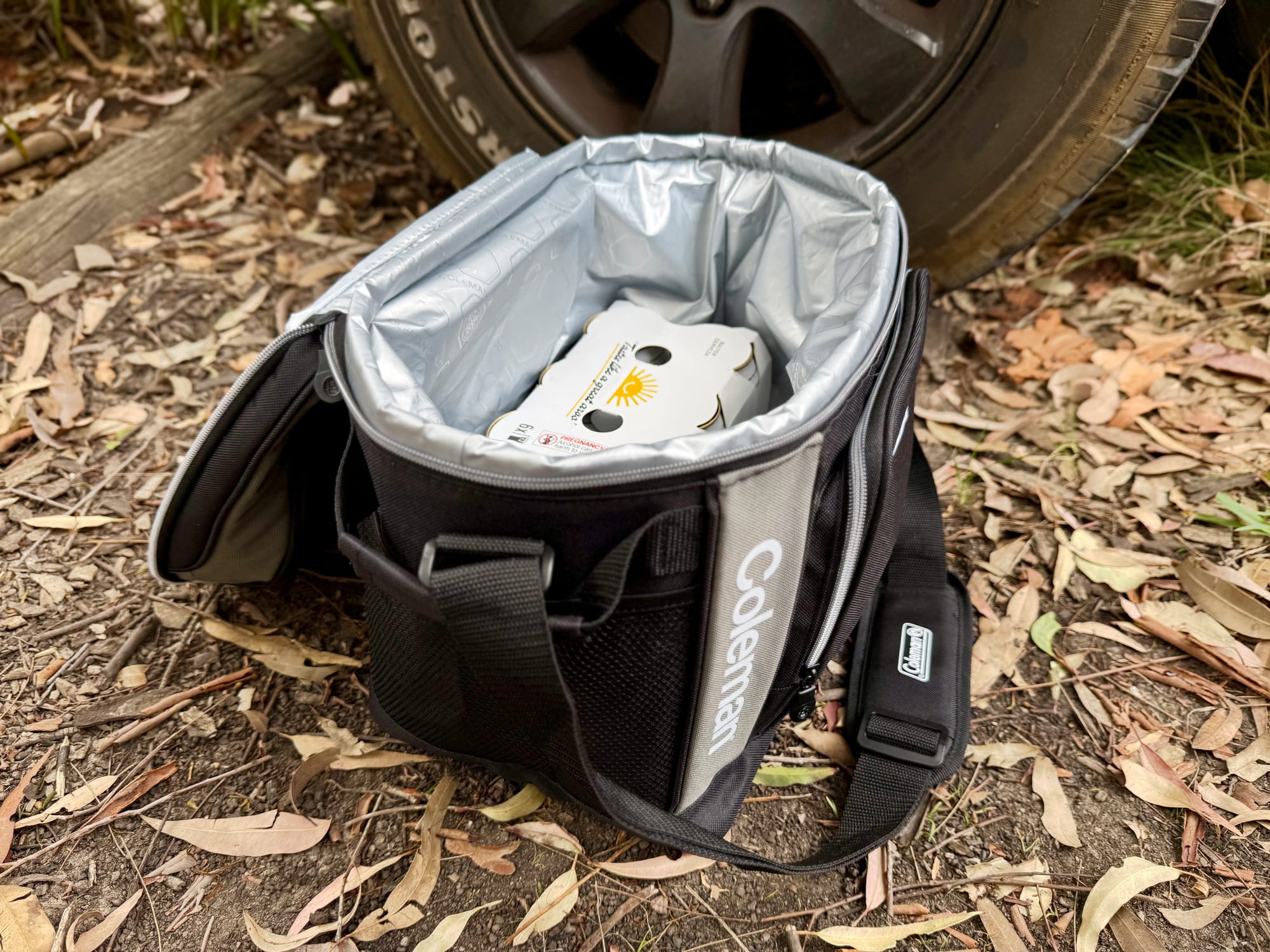 A six-pack inside the Coleman 30 Can Soft Cooler, with room to spare