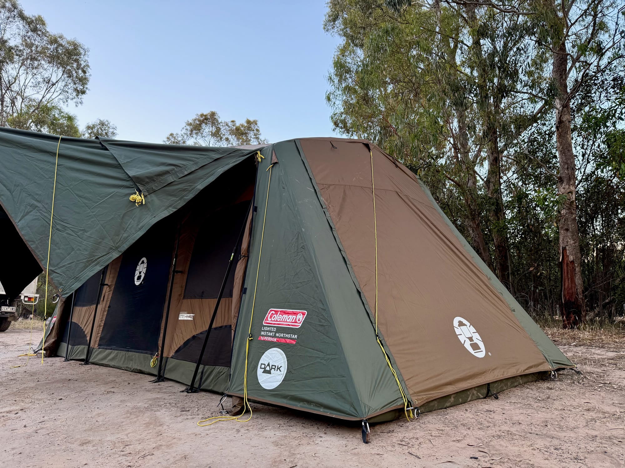 The awning rolled out over the front door of the Coleman Northstar 10 Person tent