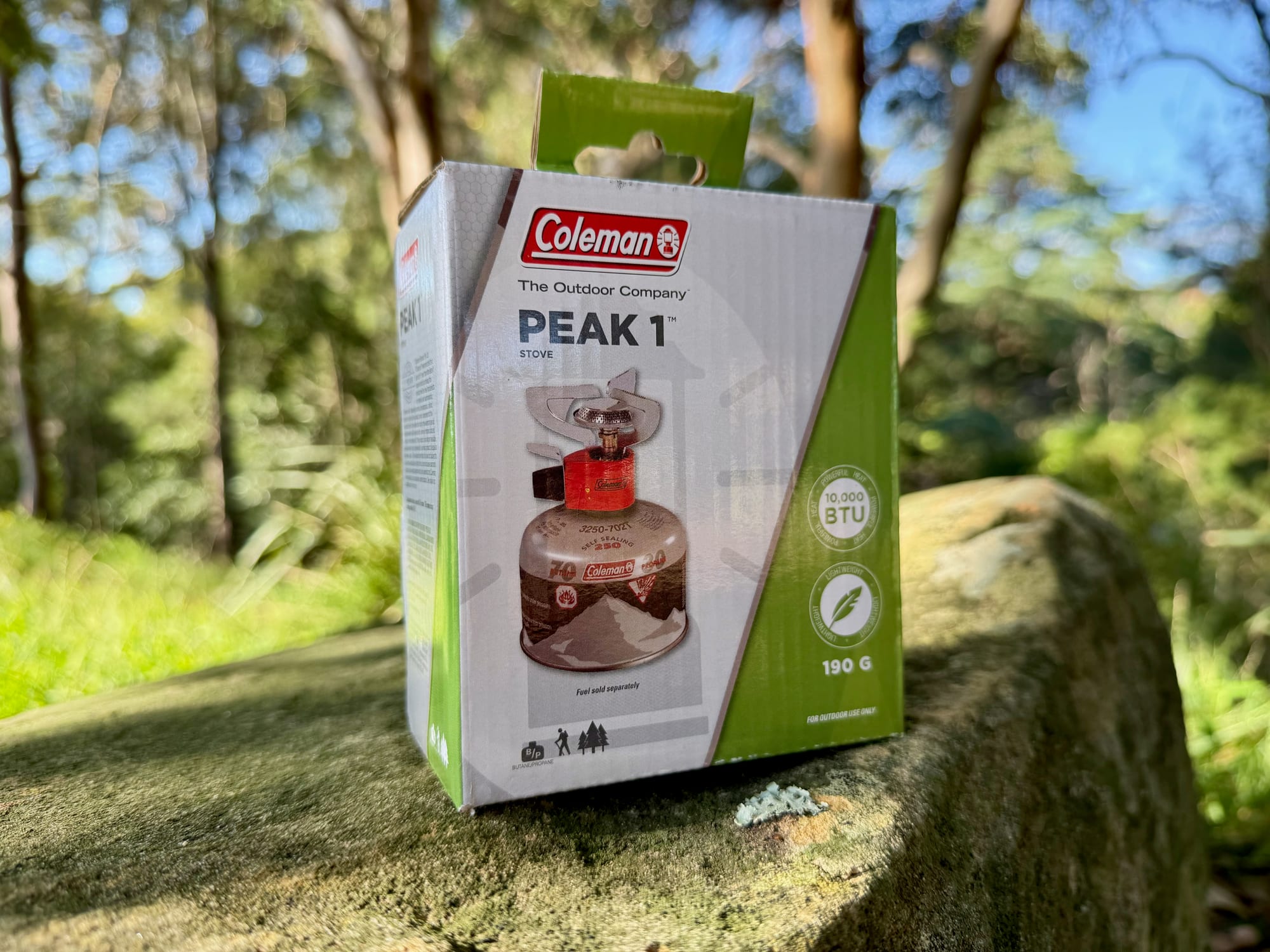 The Coleman Peak 1 stove box showing 10,000 BTU and 190 g