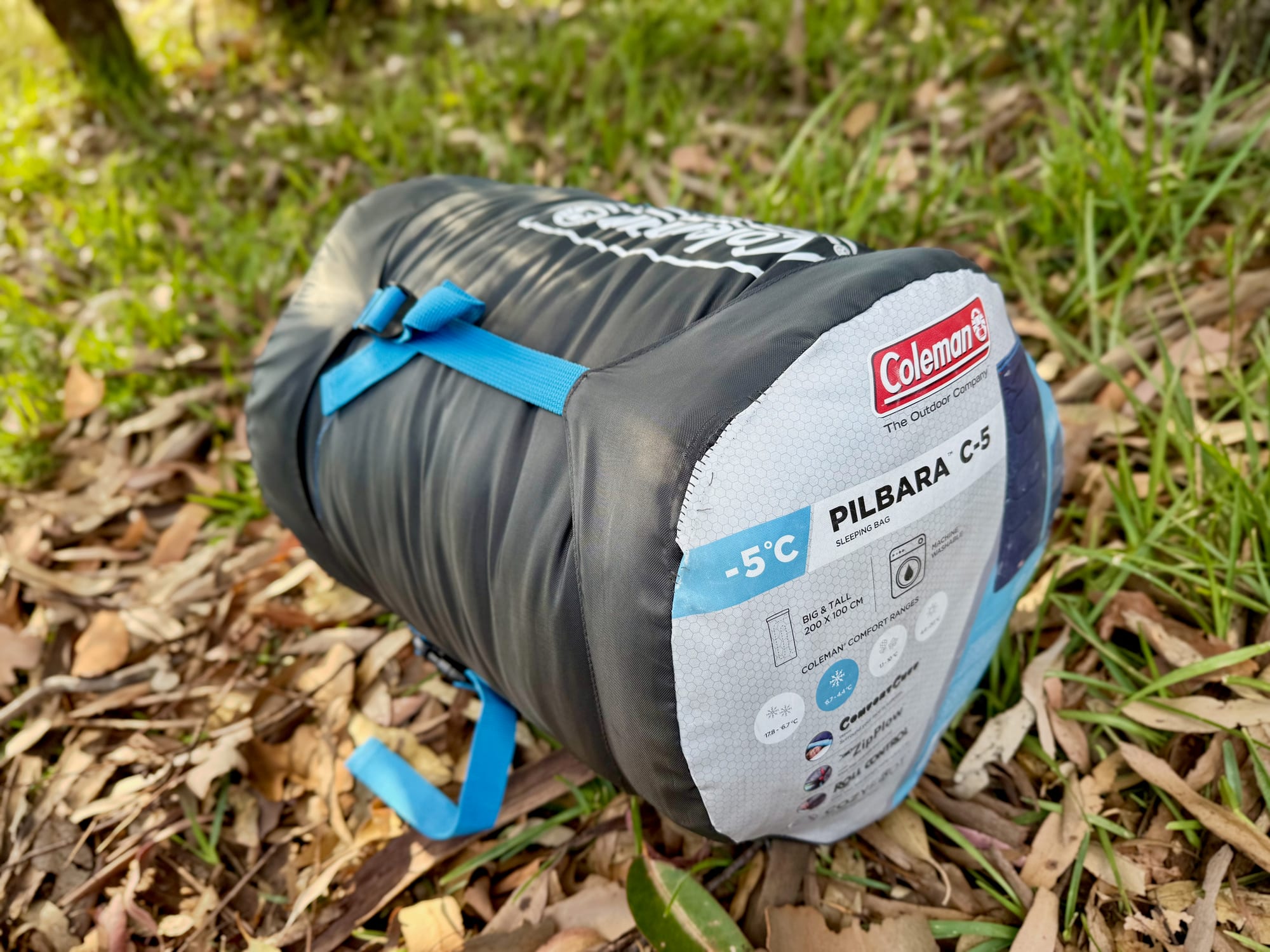 The Coleman Pilbara C-5 sleeping bag packed in its compression sack