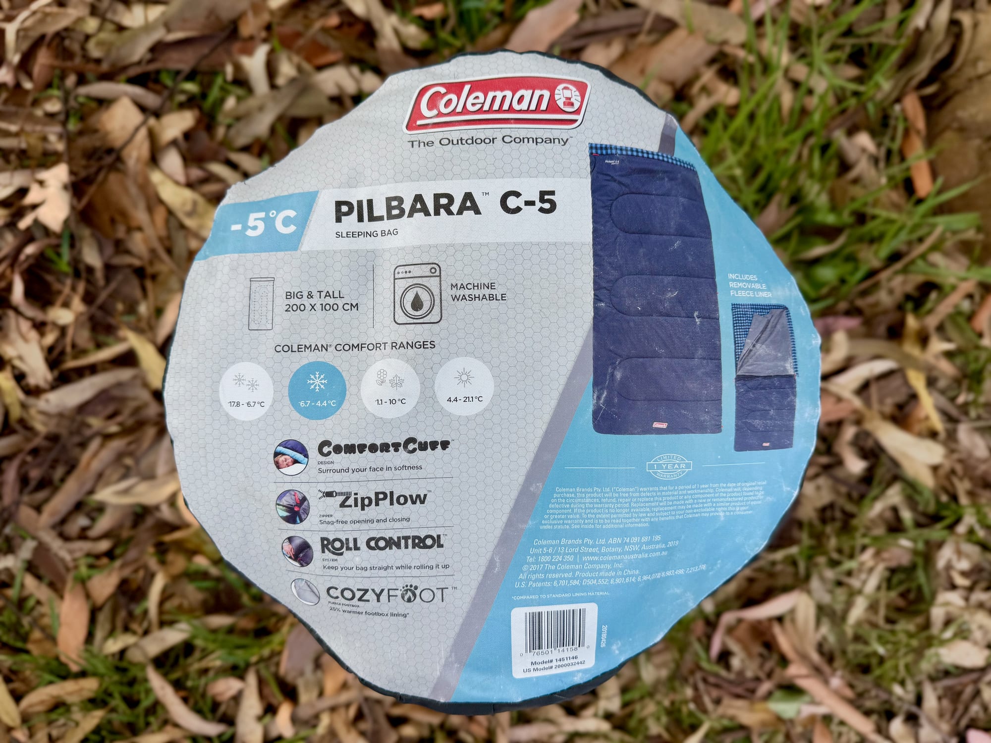 The label of the Coleman Pilbara C-5 sleeping bag with its features and comfort ranges