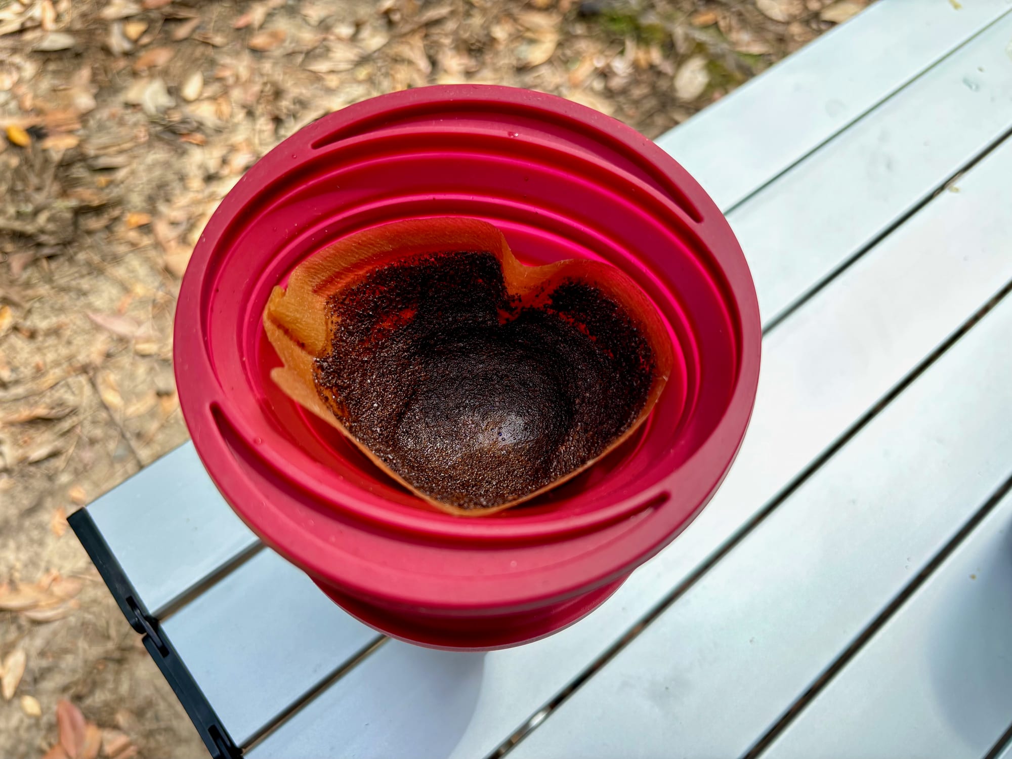 The used coffee grounds in the paper filter after brewing