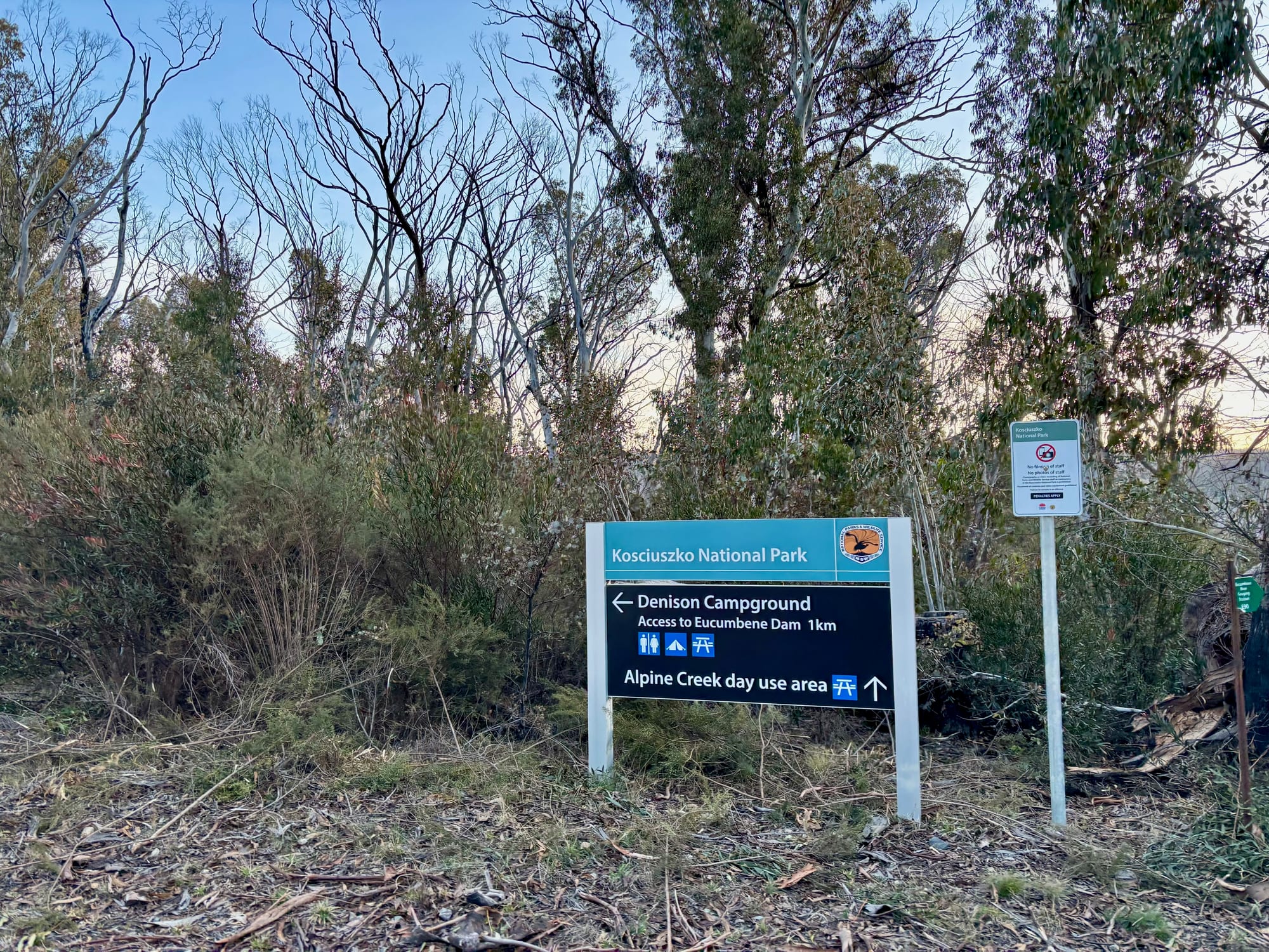 The Kosciuszko National Park sign at the turn-off to Denison Campground