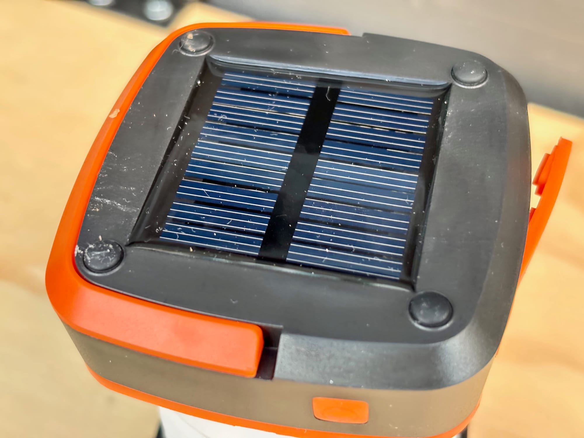The solar panel on top of the lantern, close up