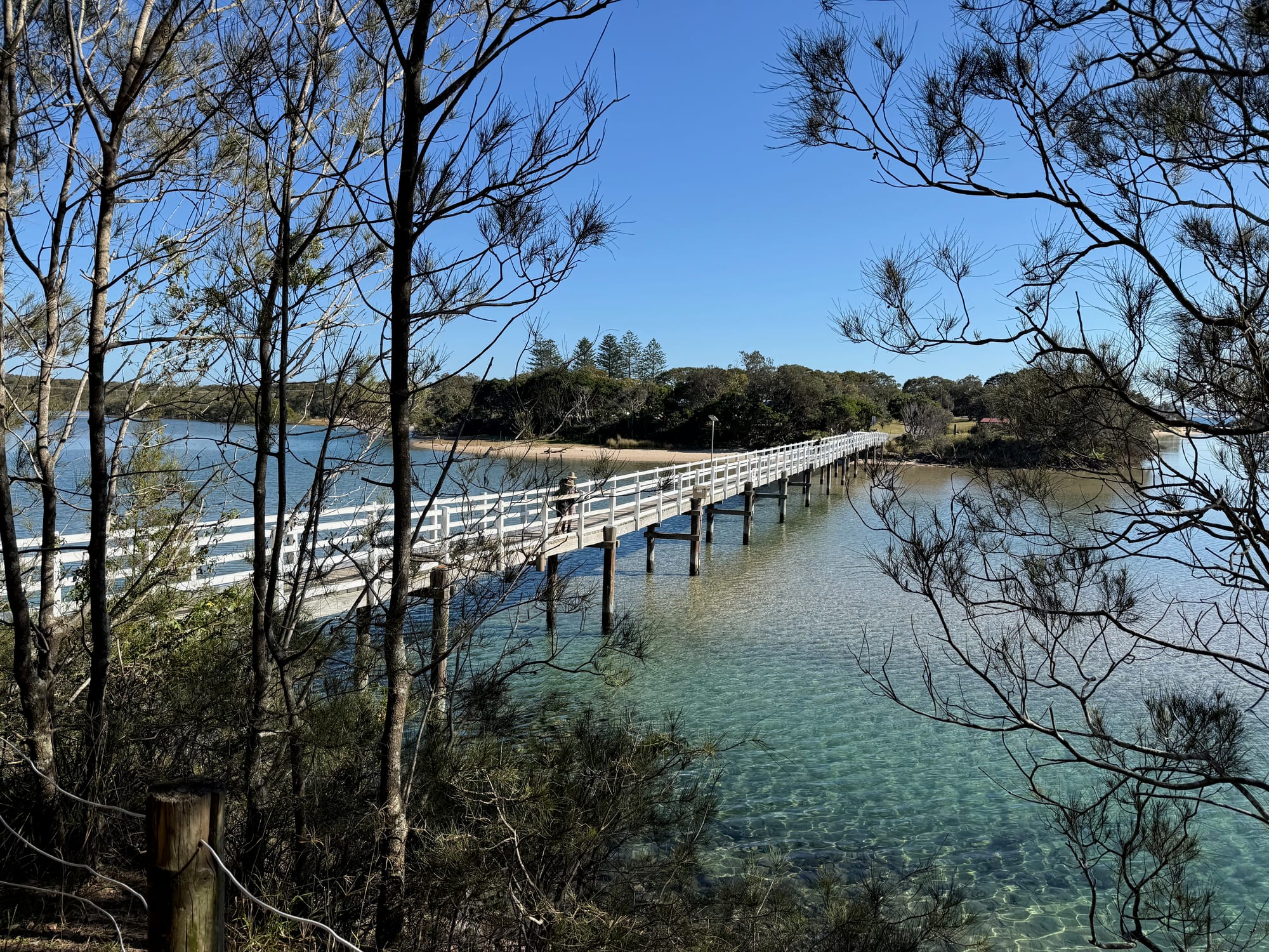 The white footbridge over the clear green water of Korogoro Creek