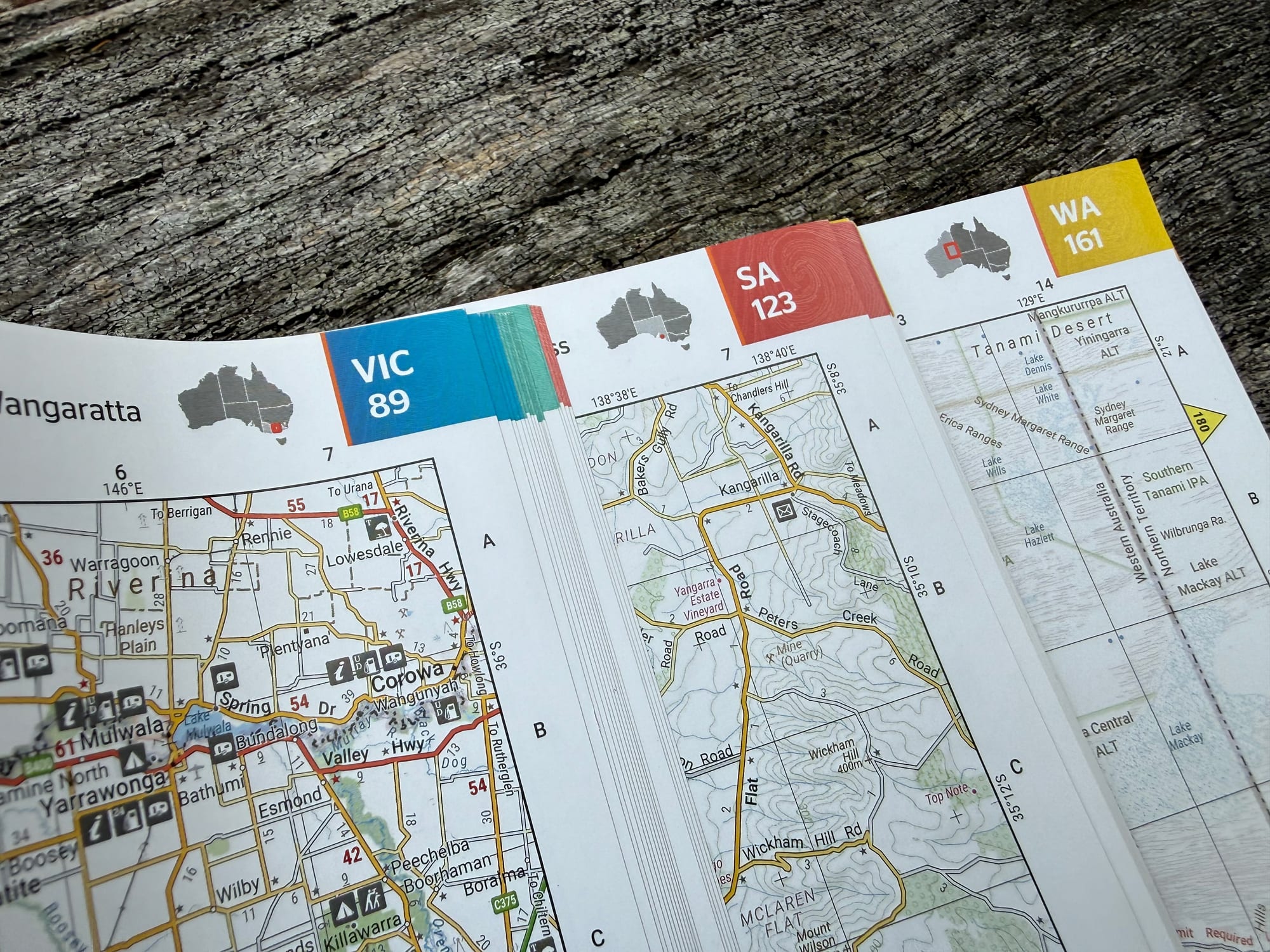 The colour-coded state tabs on the edges of the Hema Handy Atlas pages: VIC 89, SA 123, WA 161