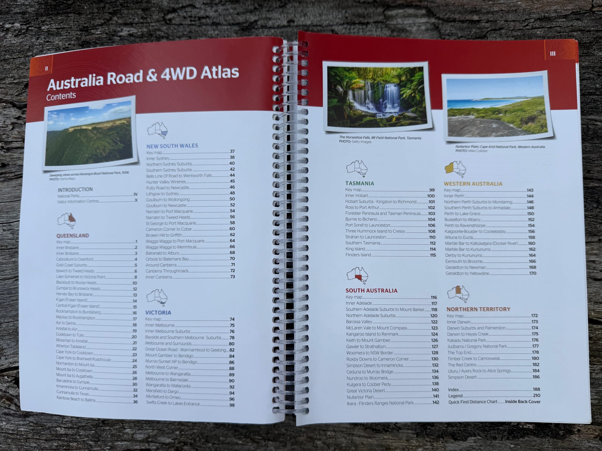 The contents pages of the Hema Handy Atlas, listing the maps state by state