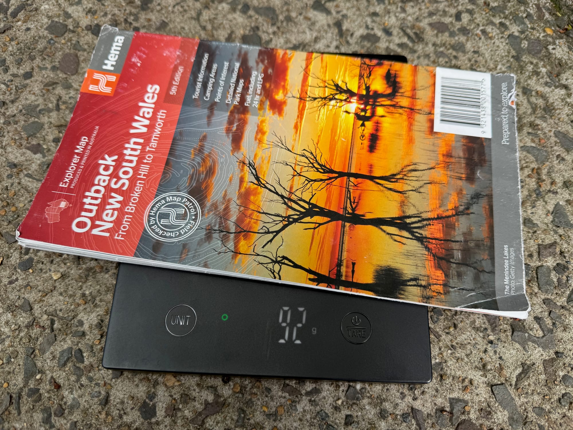 The Hema Outback NSW map on a scale showing 92 g