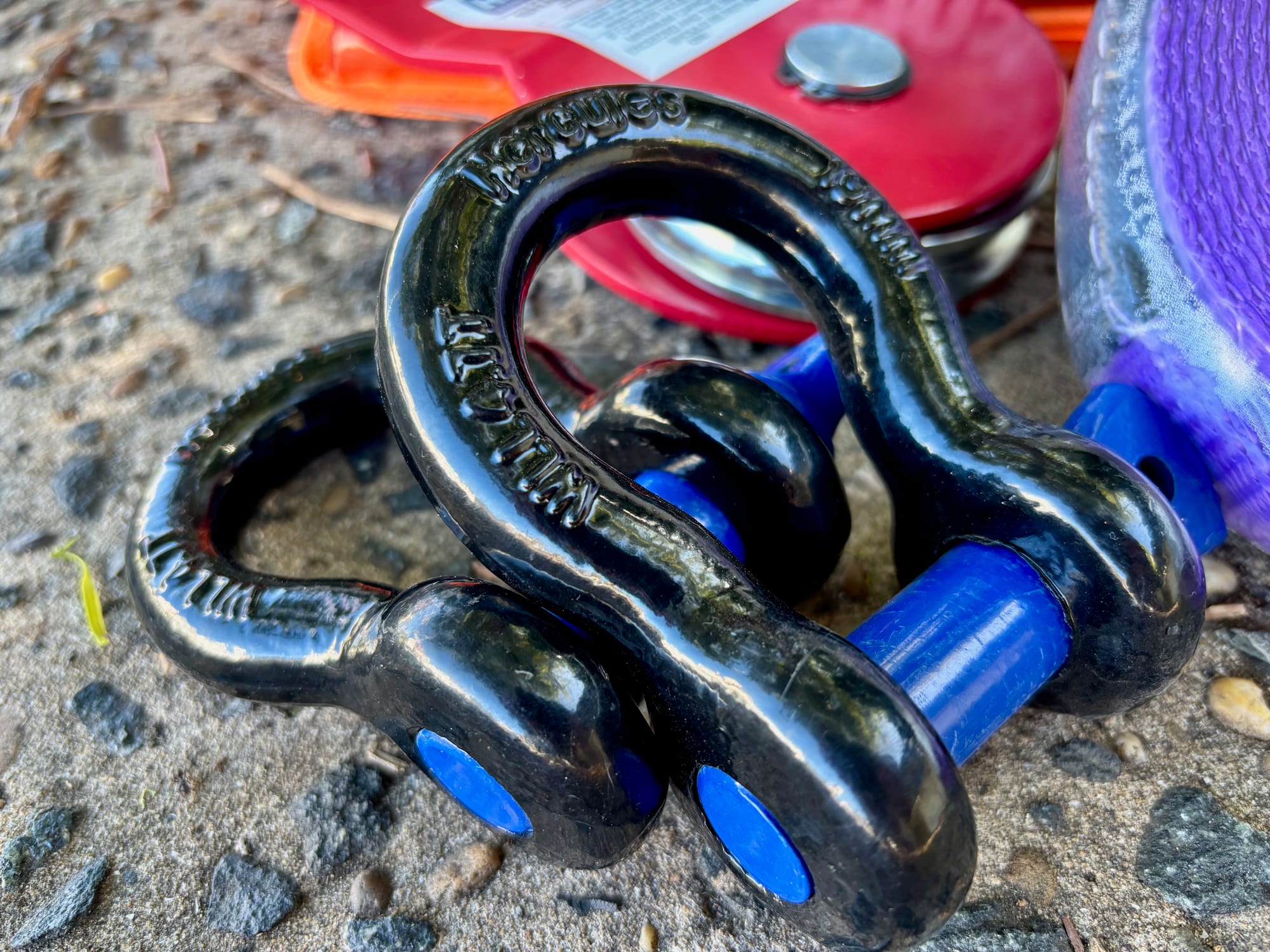 Two black Hercules bow shackles with blue pins