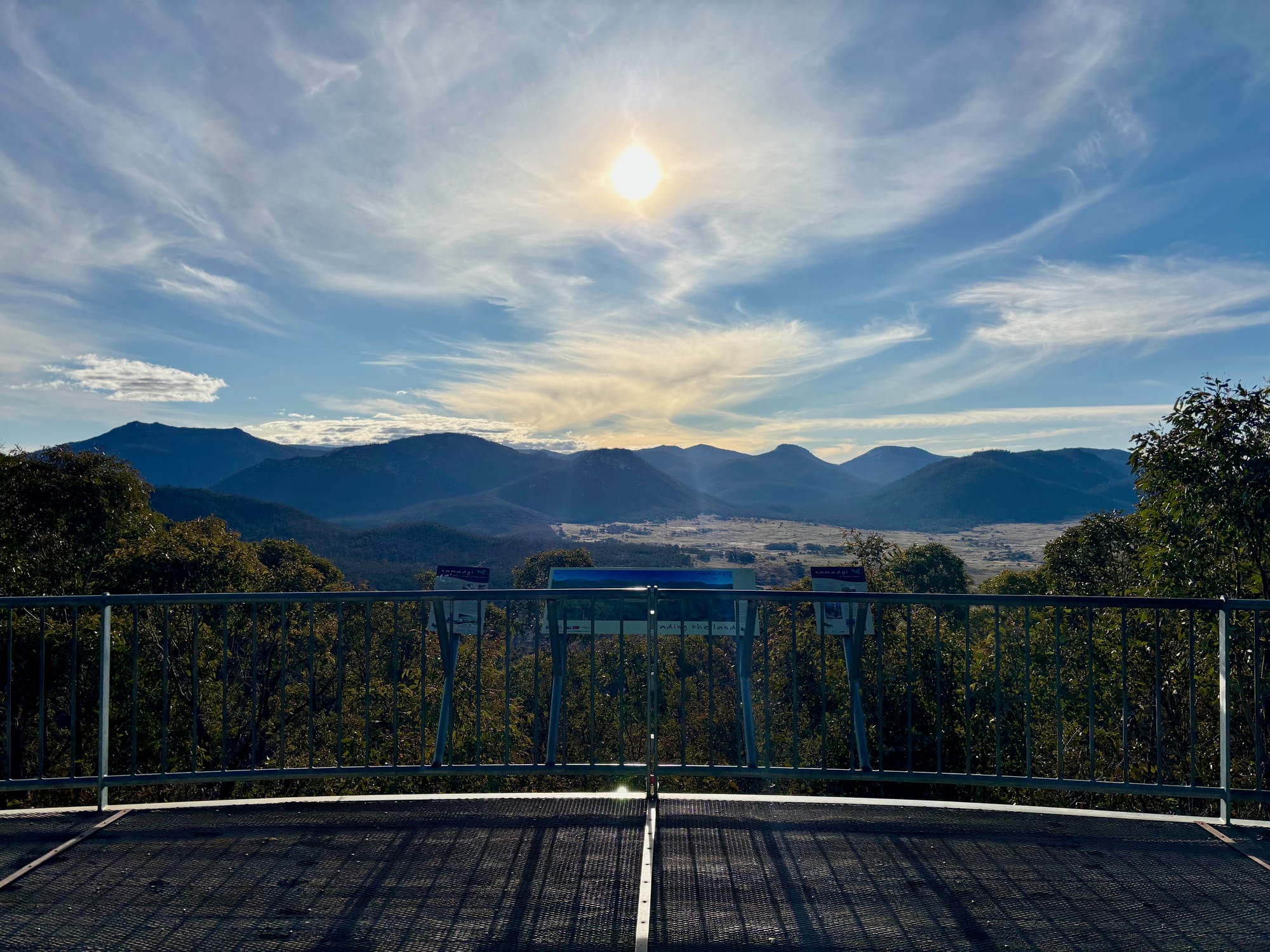 The fenced viewing deck at Hospital Hill Lookout, looking out over the valley