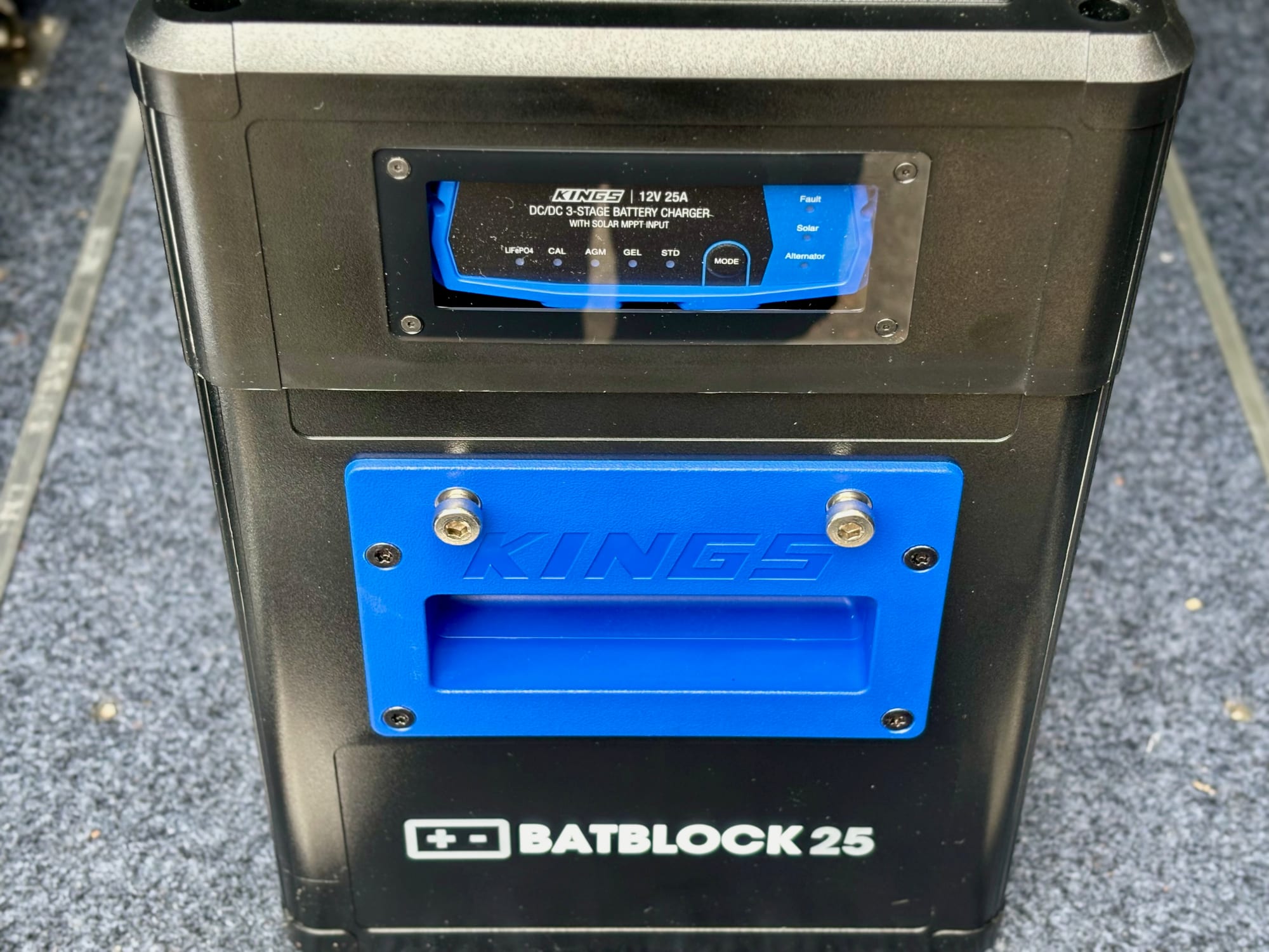 The Kings BatBlock 25 in the back of our Prado, with the charger window and the blue handle on the front