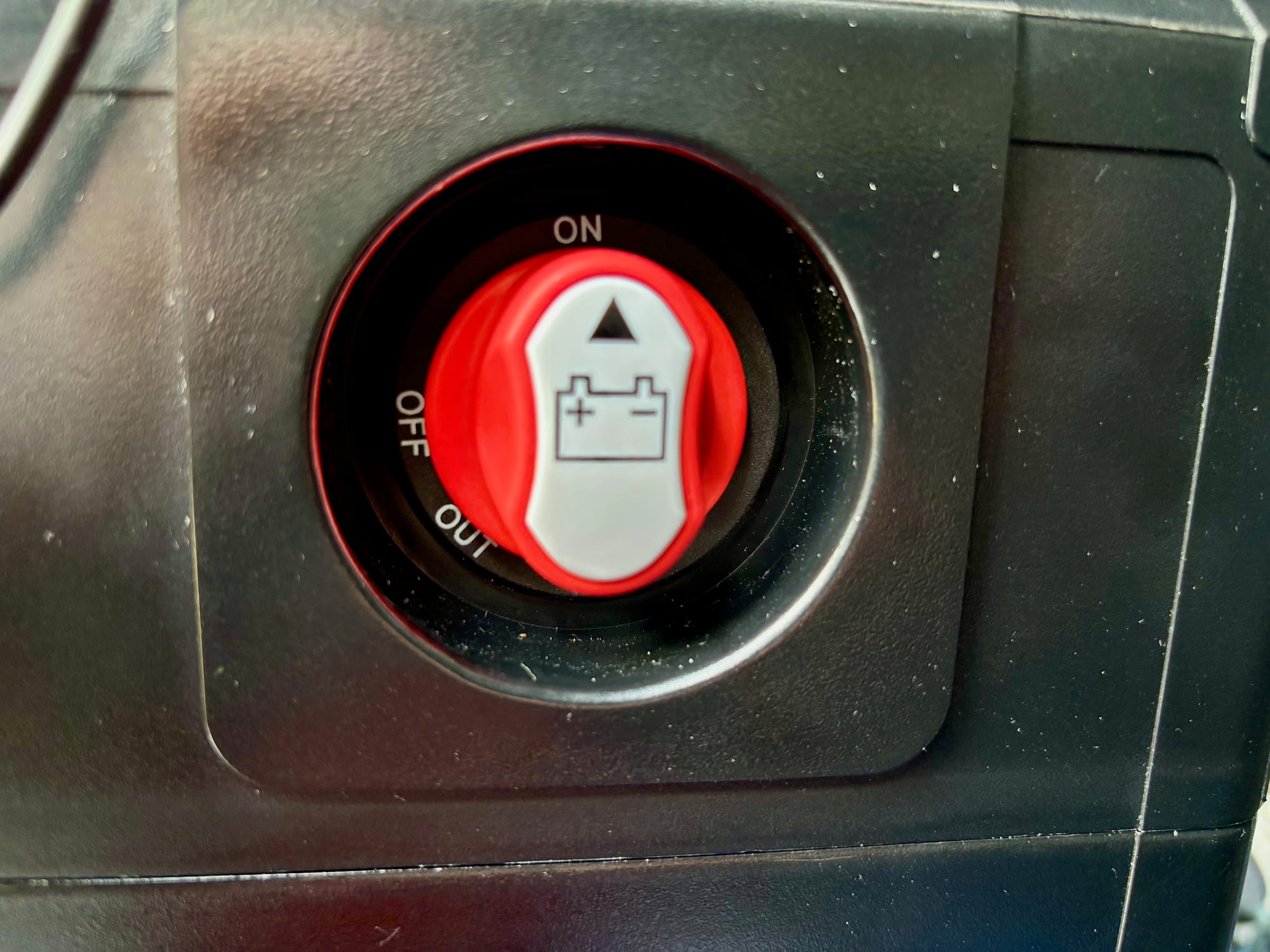 The red main isolator switch on the BatBlock, with On and Off markings