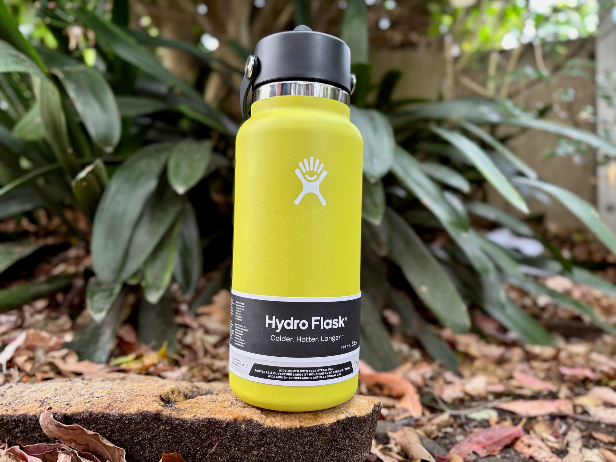 The Hydro Flask 32 oz Wide Mouth in Cactus, standing on a rock