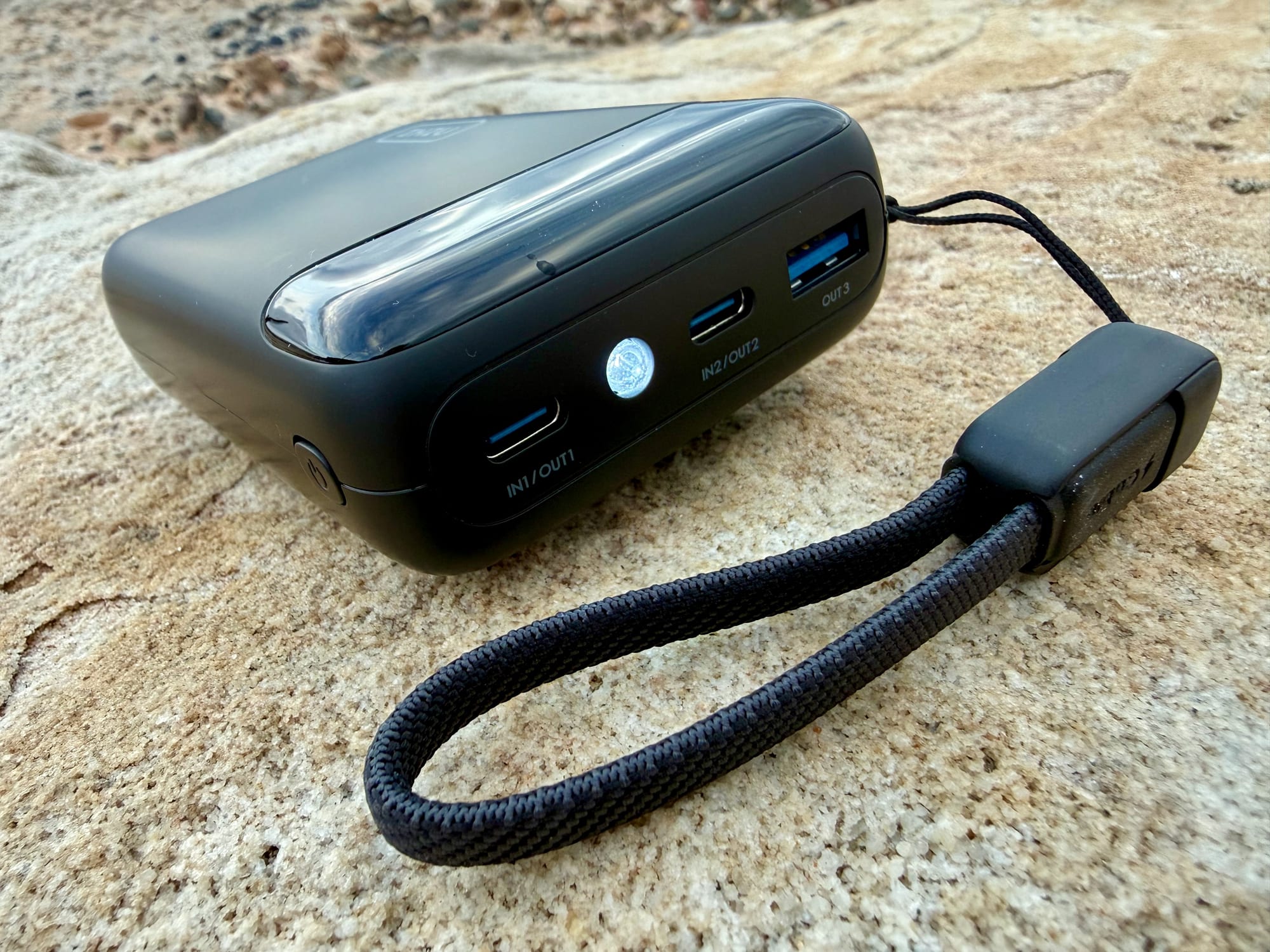 The two USB-C ports, the USB-A port and the torch of the INIU 20,000mAh power bank