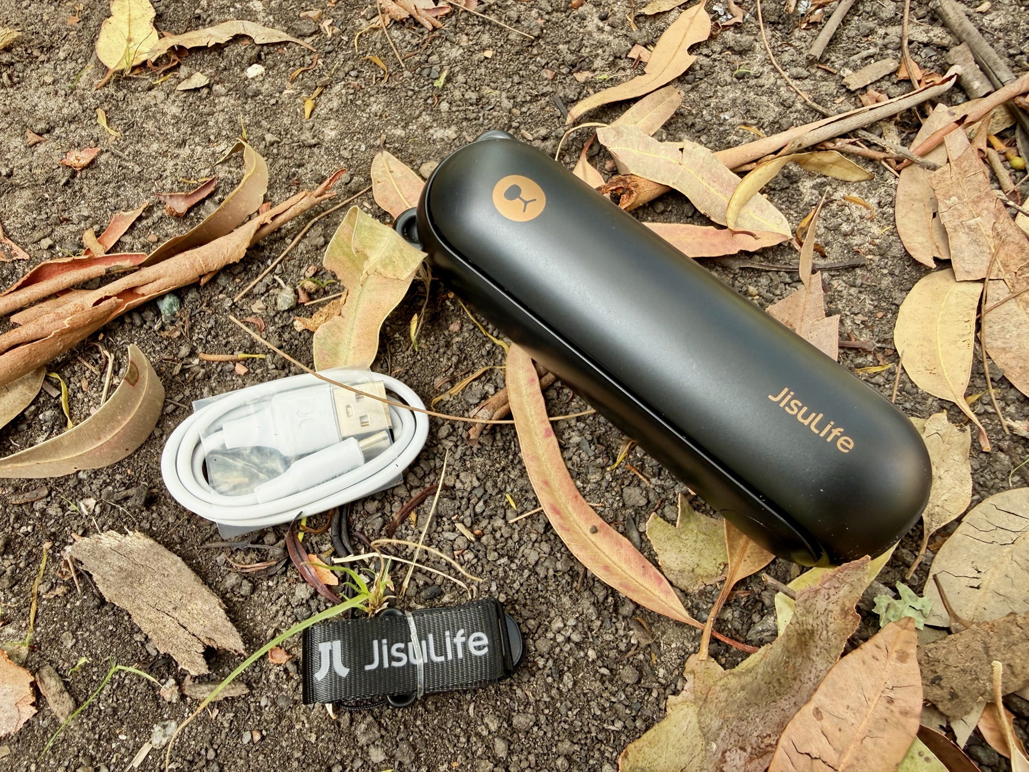 The JisuLife Life8 Plus with its charging cable and lanyard on leaf litter