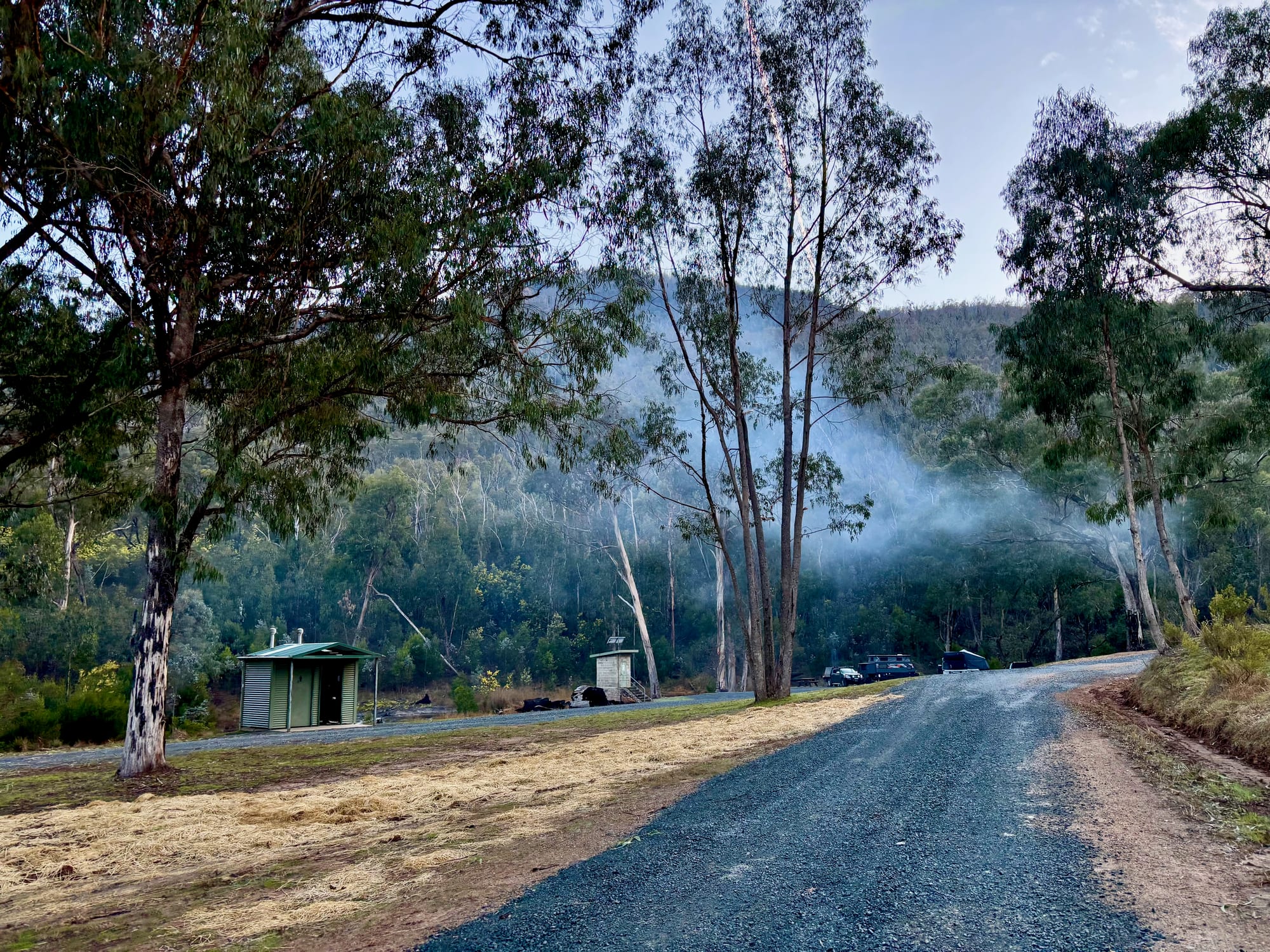 Morning mist in the trees behind the toilet block and gravel road at Jounama Creek Campground