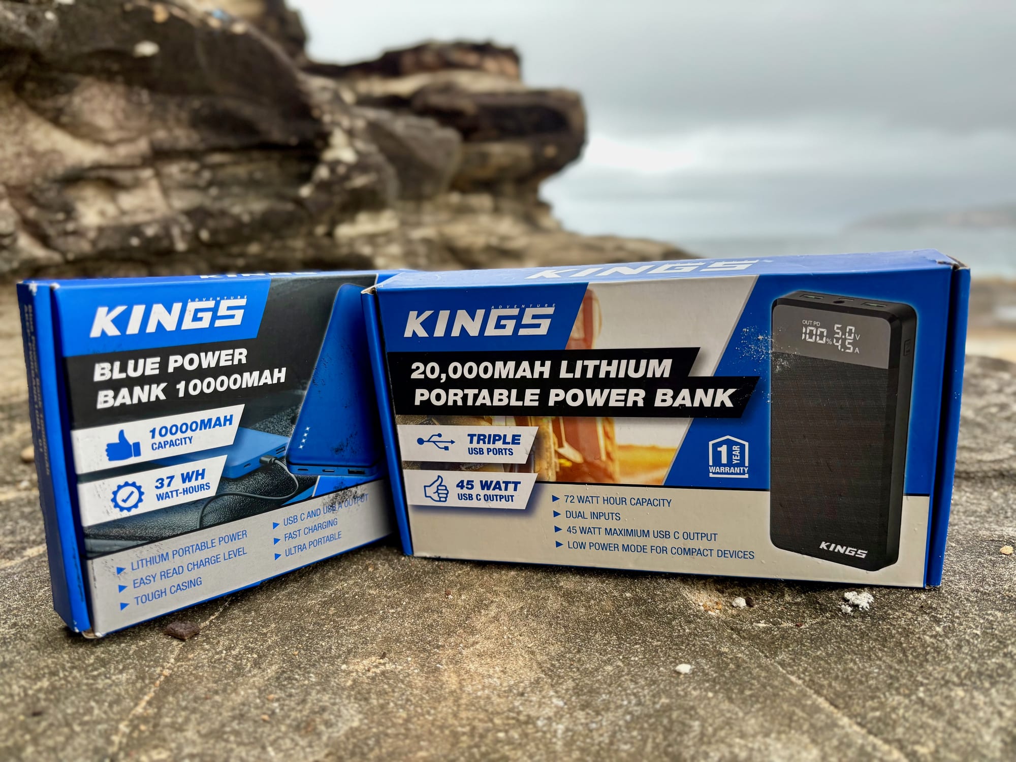 The box of the blue Kings 10,000mAh power bank next to the box of the Kings 20,000mAh power bank