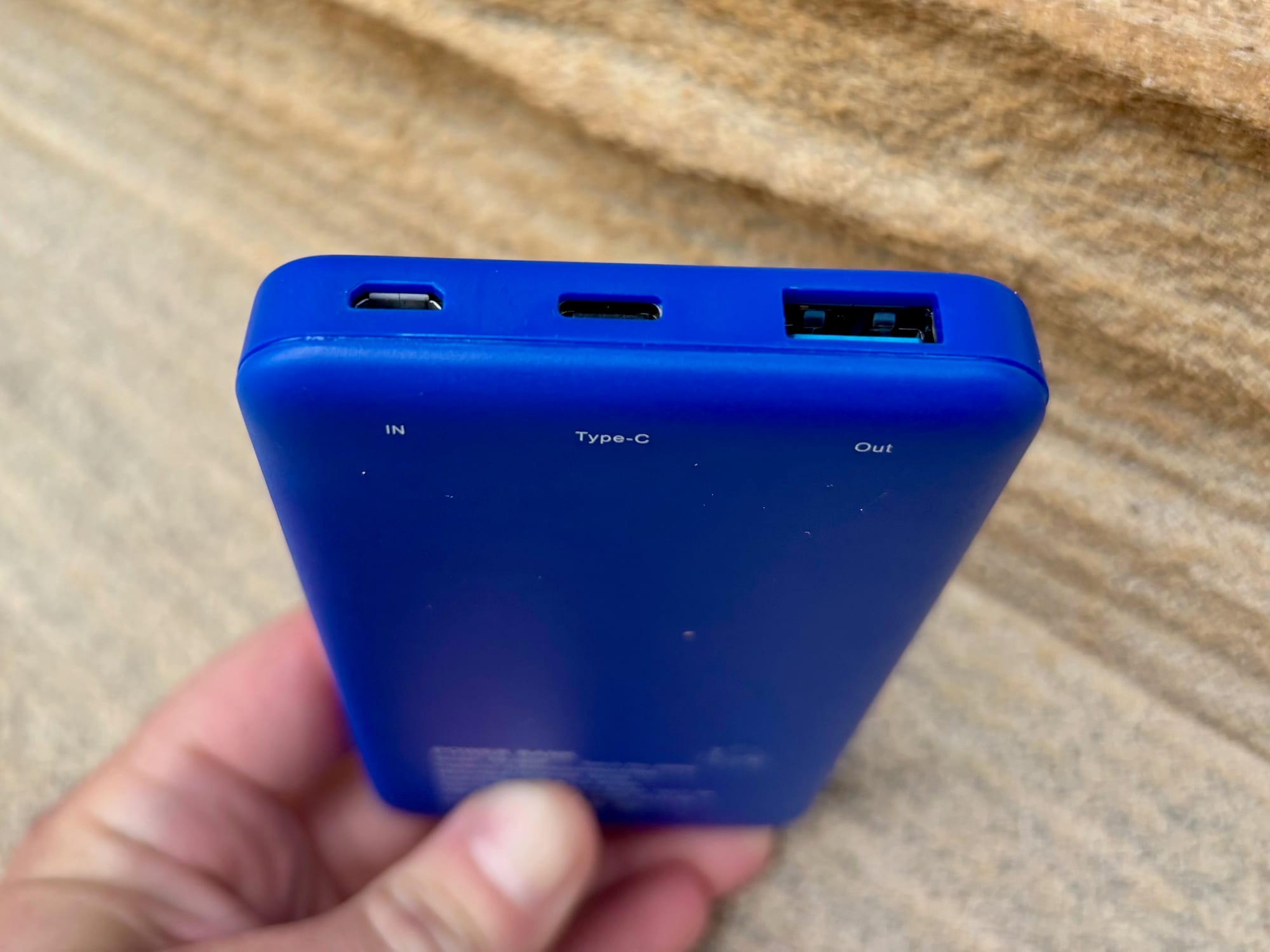 The micro-USB, USB-C and USB-A ports of the Kings 10,000mAh power bank
