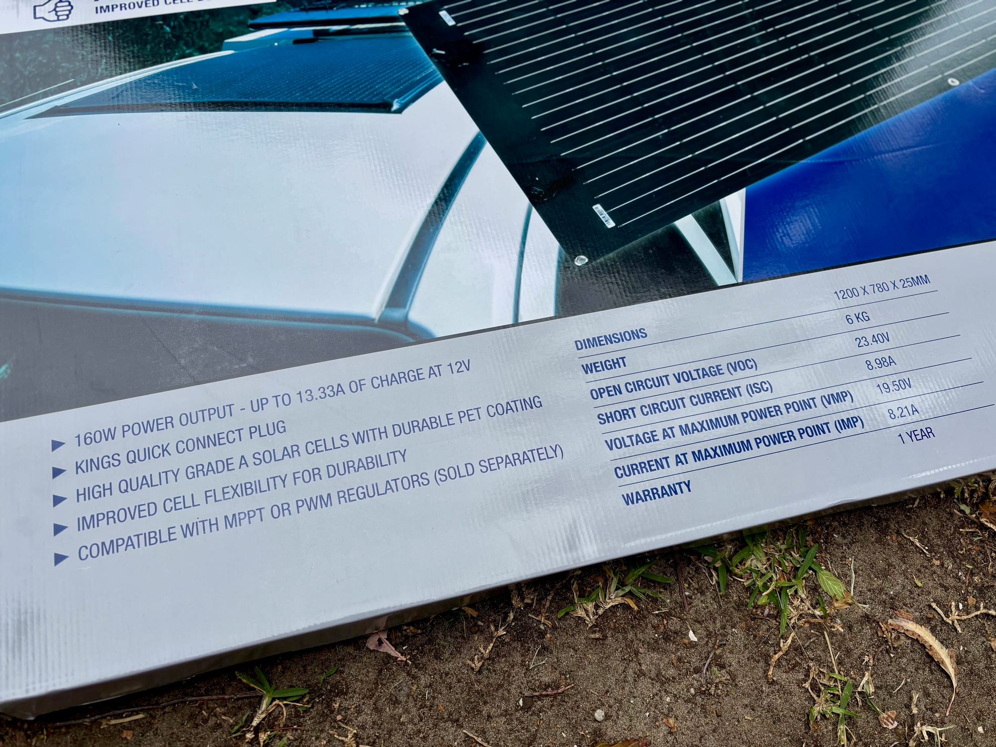 The specs on the box of the Kings 160W semi-flexible solar panel