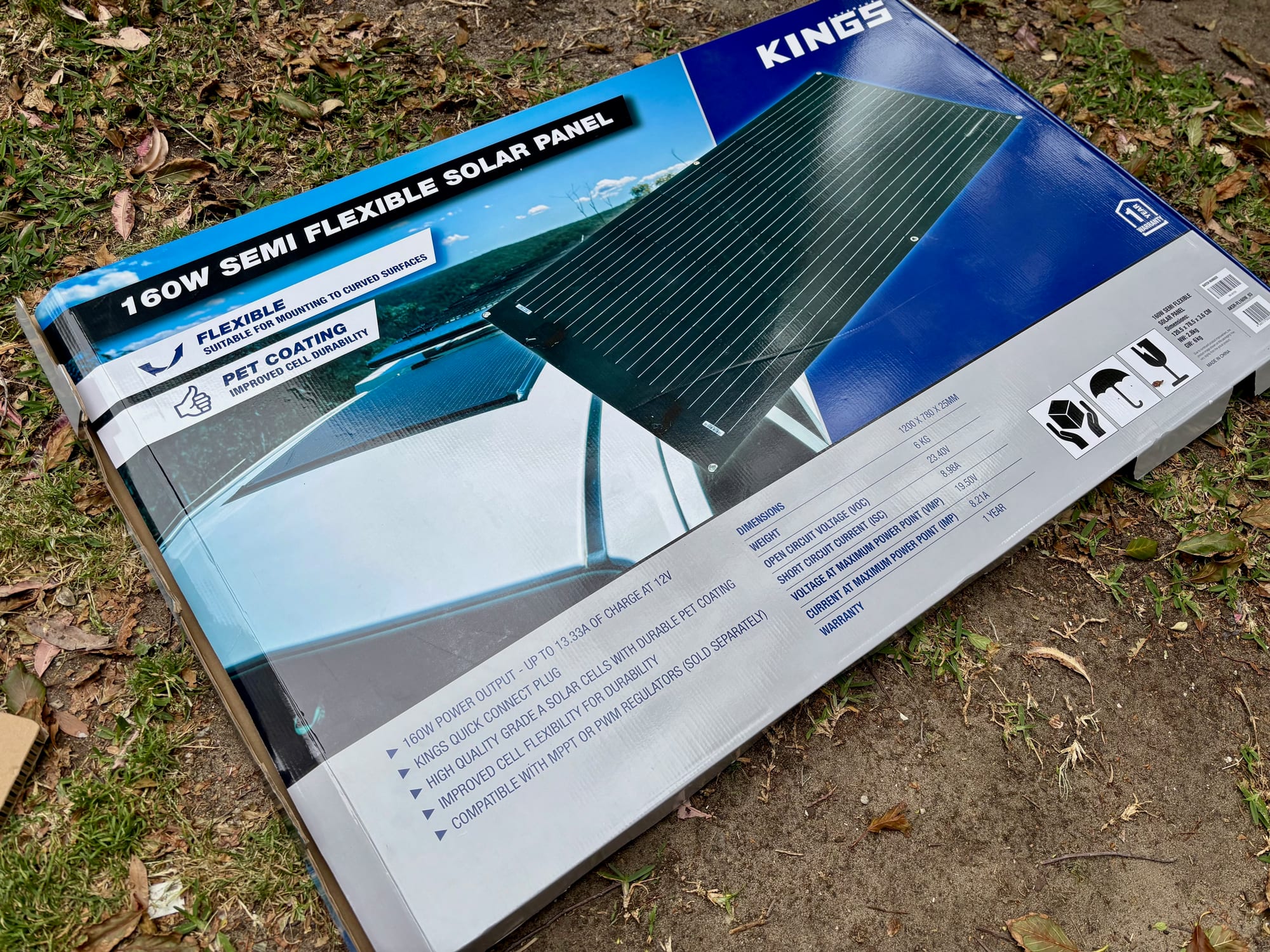 The Kings 160W semi-flexible solar panel in its box
