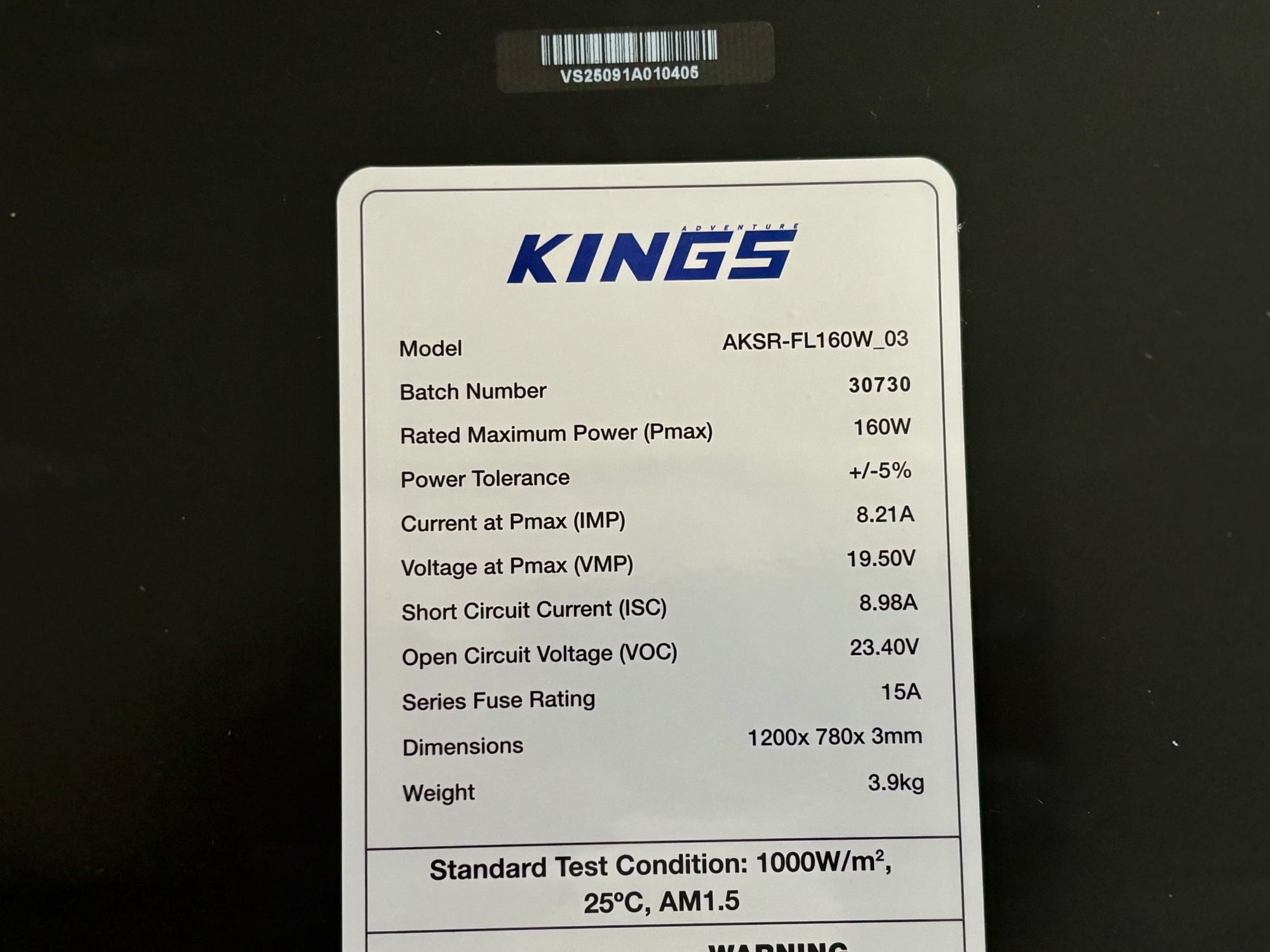The spec label on the back of the Kings 160W semi-flexible solar panel