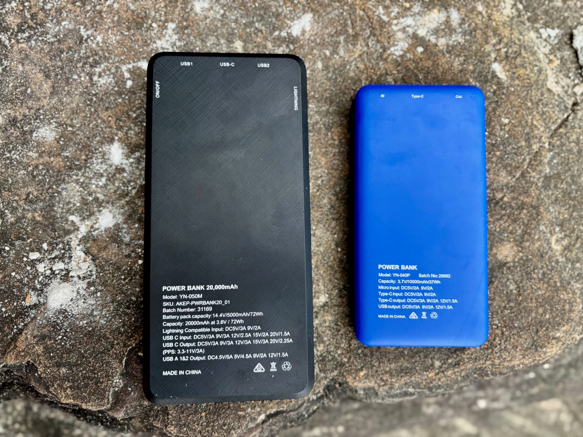 The spec label on the back of the Kings 20,000mAh power bank, next to the Kings 10,000mAh power bank