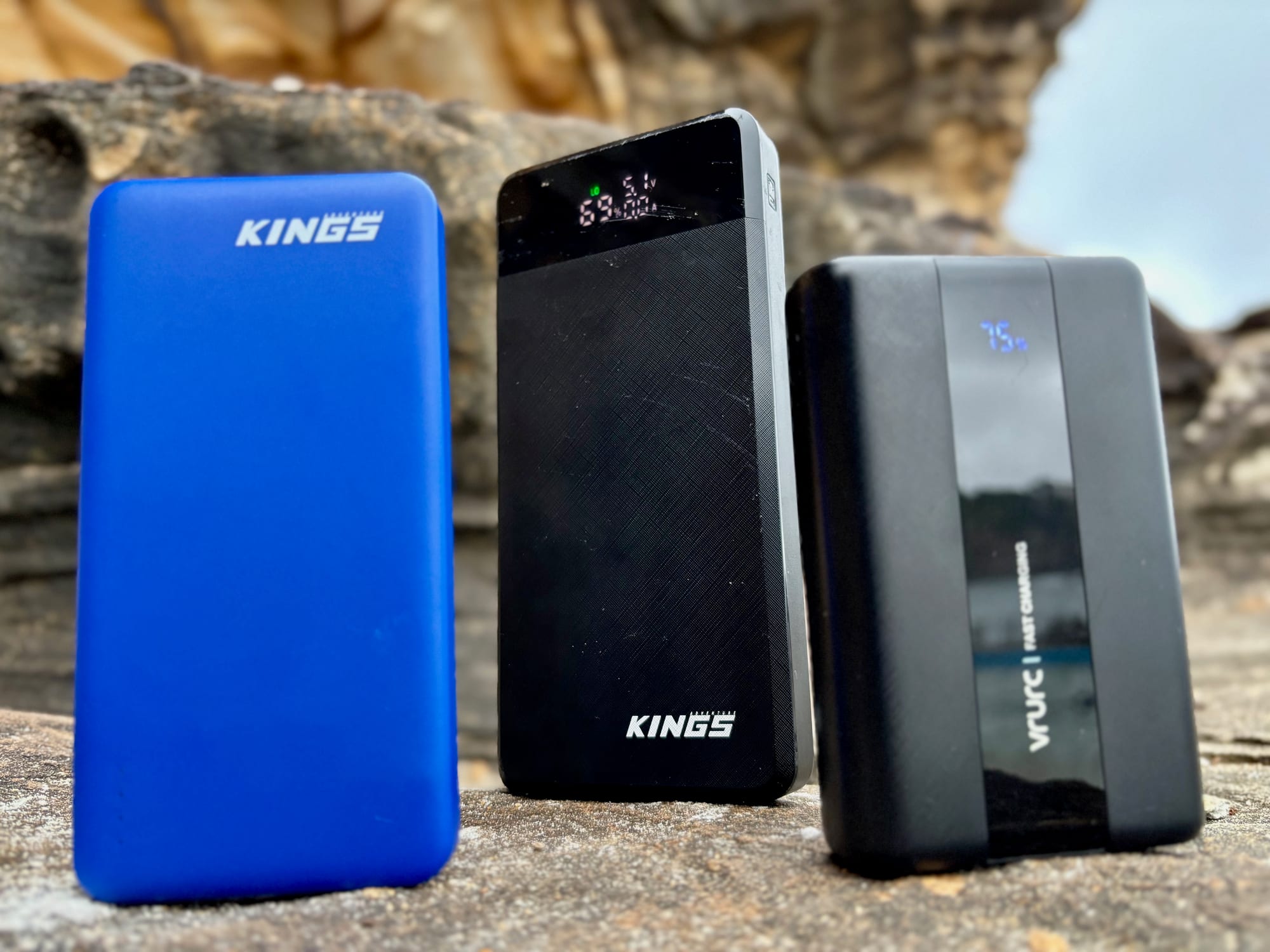 The Kings 10,000mAh, Kings 20,000mAh and VRURC 20,000mAh power banks side by side