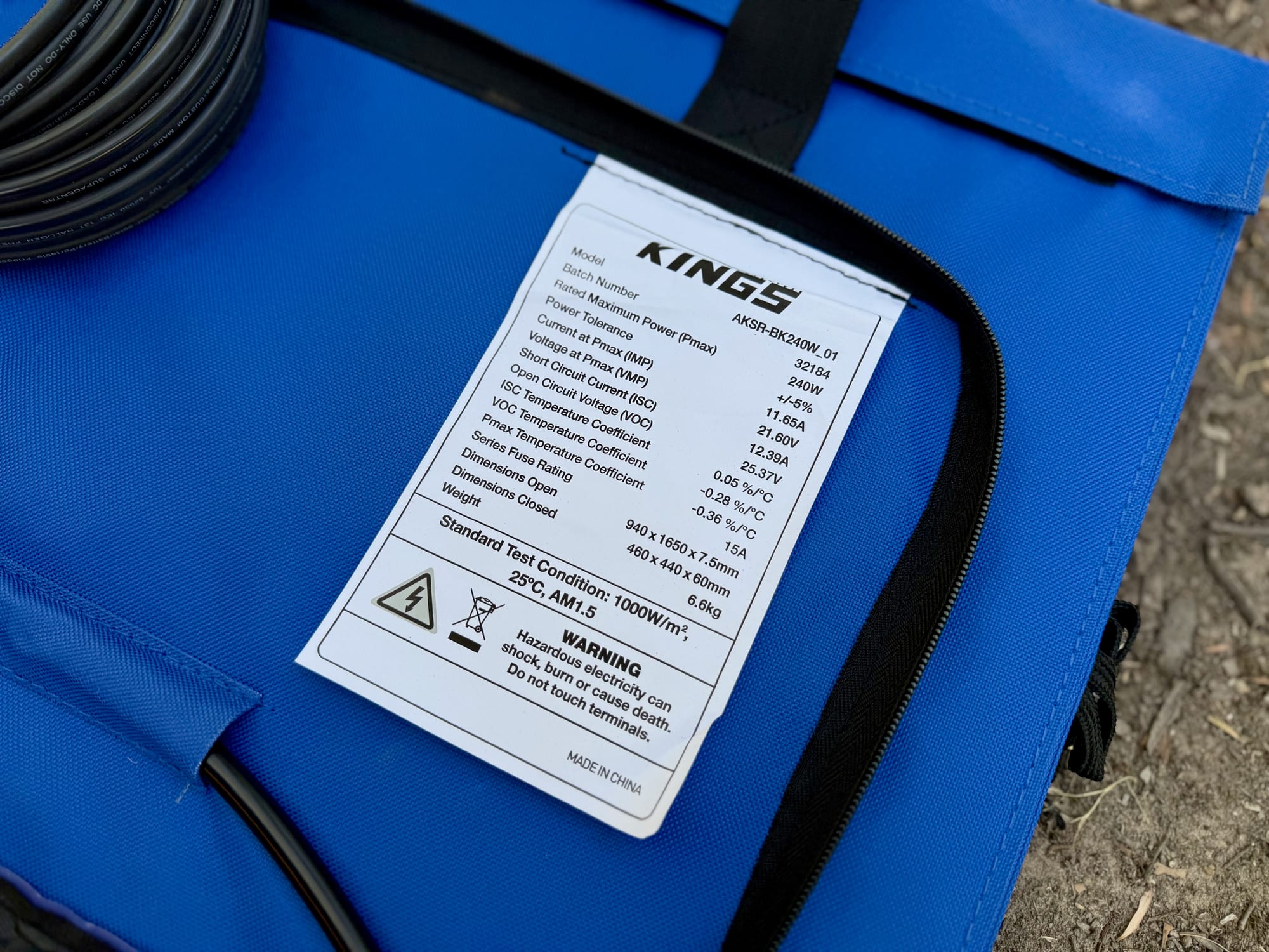 The spec label of the Kings 240W solar blanket