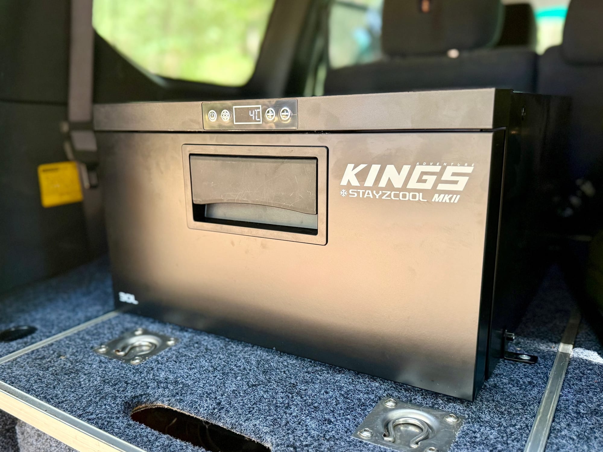 The Kings 30L drawer fridge closed, fitted on top of the drawer system in the back of a Prado